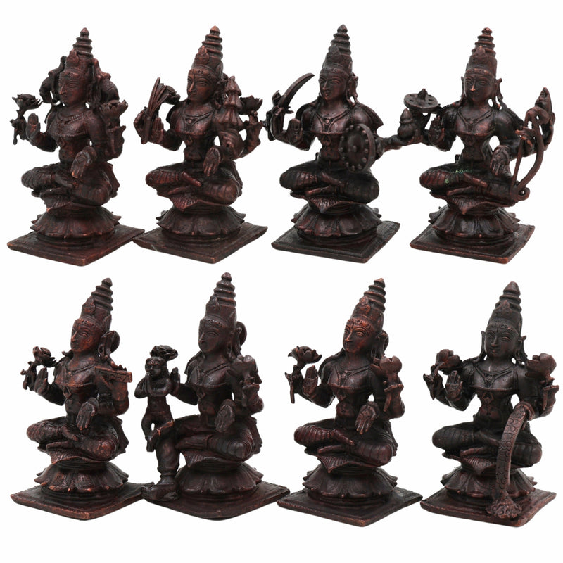 Copper Ashta Lakshmi Idol Set | 8 Lakshmi Murti for Pooja, Home Temple, Office, Vastu | Dhana, Dhanya, Gaja, Santana, Veera, Vijaya, Adi, Aishwarya Lakshmi | Handcrafted Tamra Vigraham, Antique Finish,Brown, 3.5 Inch, 1 Piece