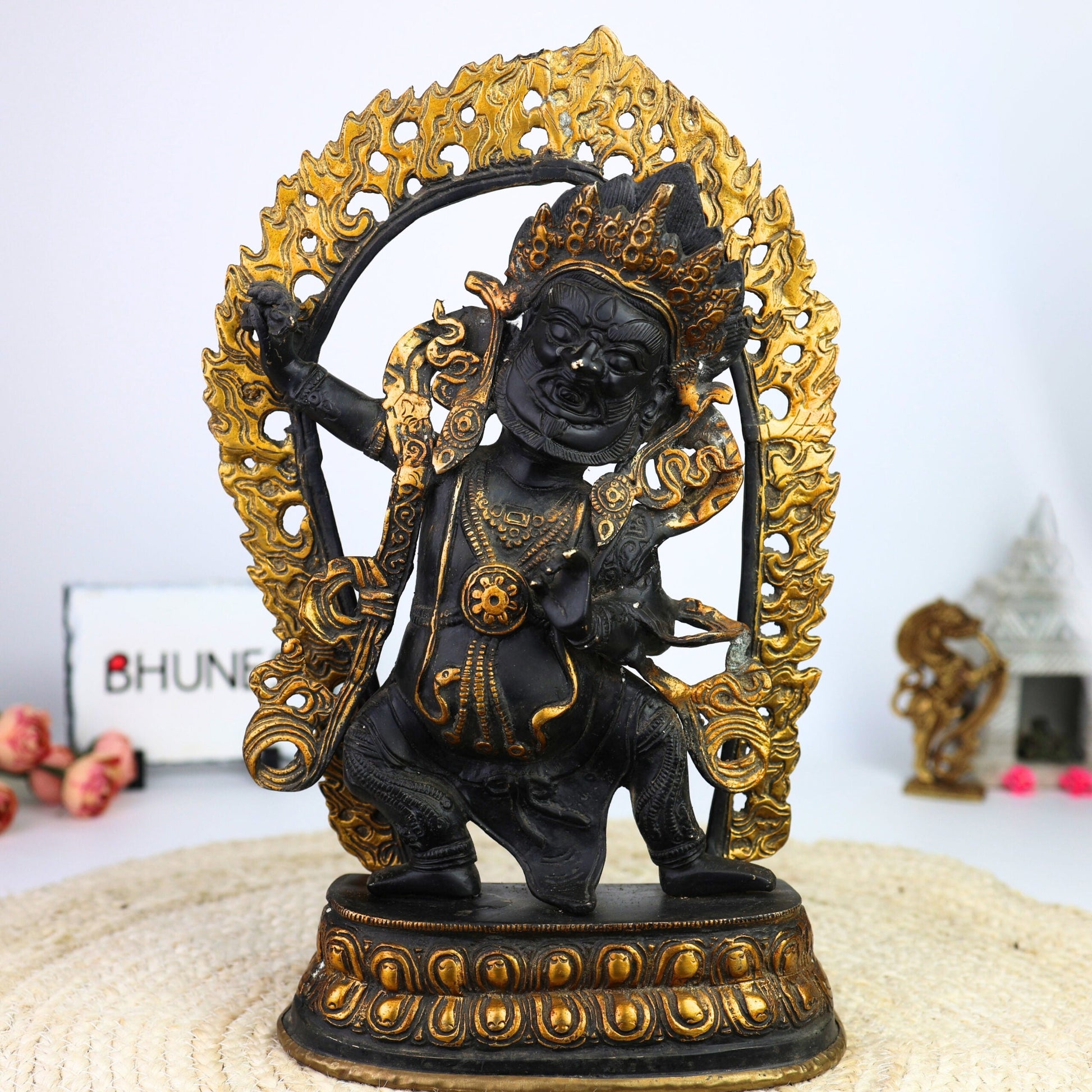 Brass Buddhist Bhairava Idol – Vajrabhairava Yamantaka | Tantric Kala Bhairav Murti for Pooja, Home Temple & Tibetan Decor,Black, 14.5 Inch, 1 Piece