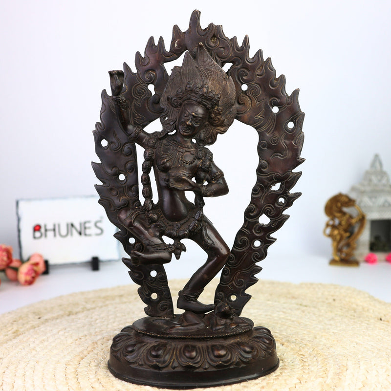 Brass Kapali Kali Idol – Buddhist Guhya Kali | Tantra Shamshan Bhairavi | Antique Tibetan Style Kali Murti for Pooja, Meditation & Decor,Brown, 13.5 Inch, 1 Piece