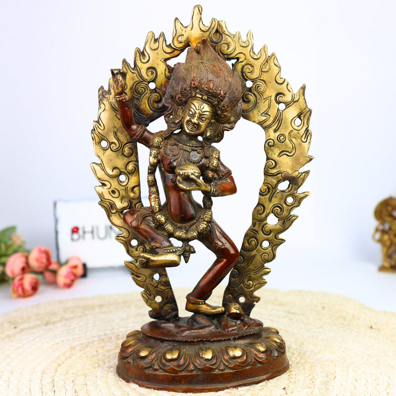 Brass Kapali Kali Idol – Guhya Mahakali Buddhist Tantra Devi | Shamshan Yogini Kali Statue for Puja, Home Decor & Spiritual Altar,Brown, 13.5 Inch, 1 Piece