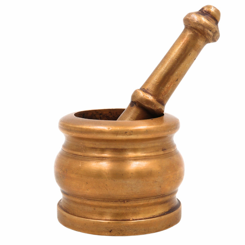 Brass Mortar & Pestle, Sil-batta, Peetal Okhal Aur Moosal, Ayurvedic Spice Grinder, Brass Herbal Grinder, Traditional Indian Kitchen Tool, Vintage Okhalee, 700g,Gold, 2 Inch, 1 Piece