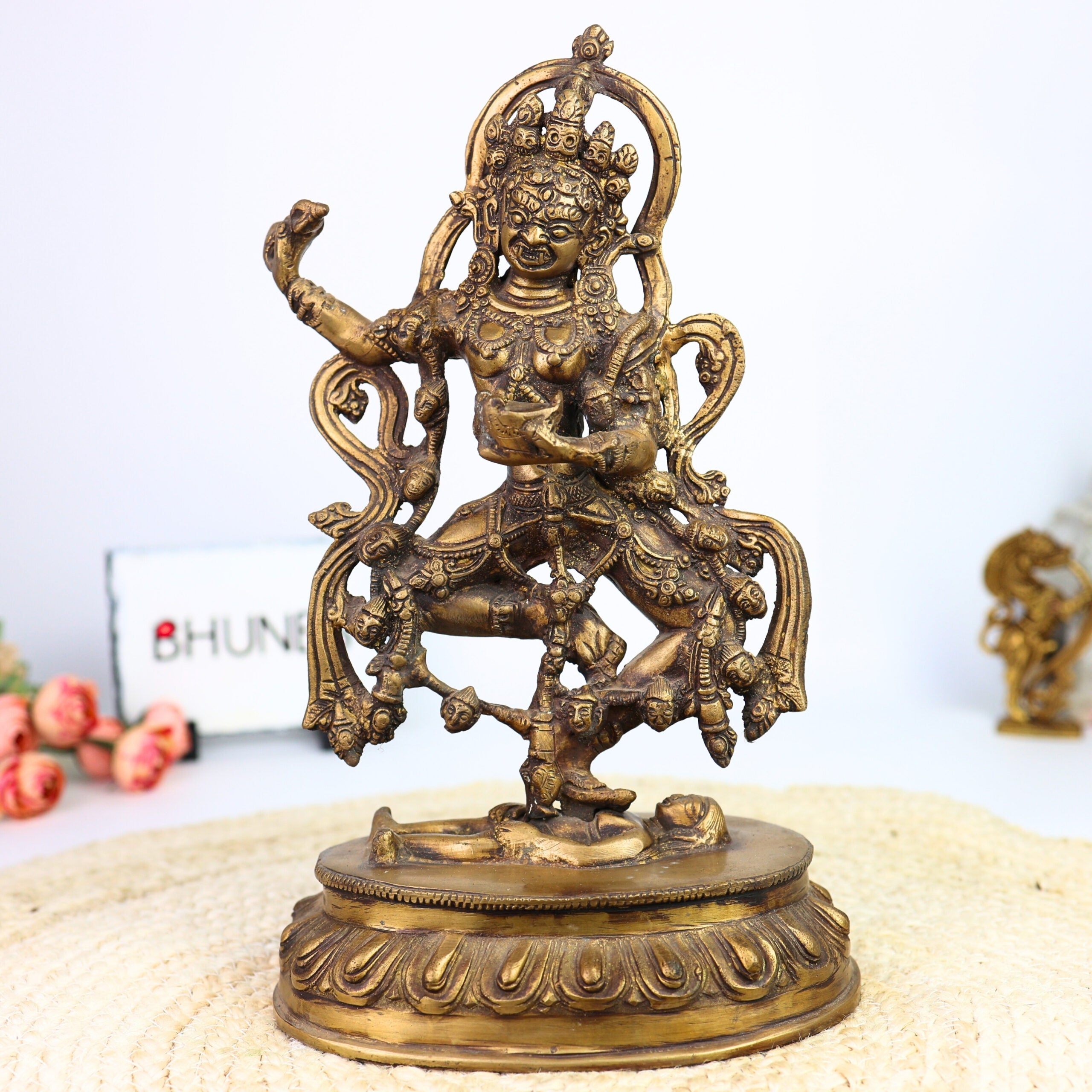 Brass Kapali Kali Idol | Buddhist Tantra Kali Murti | Smashana Bhairavi | Ugra Mahakali Statue for Puja, Decor & Meditation,Gold, 13 Inch, 1 Piece