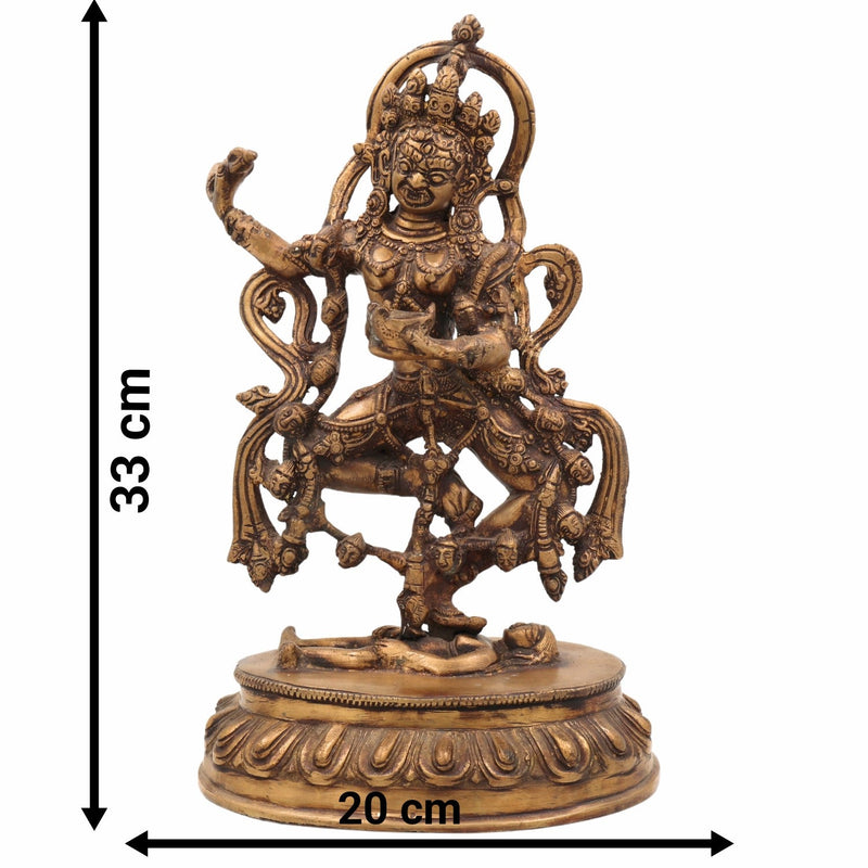 Brass Kapali Kali Idol | Buddhist Tantra Kali Murti | Smashana Bhairavi | Ugra Mahakali Statue for Puja, Decor & Meditation,Gold, 13 Inch, 1 Piece