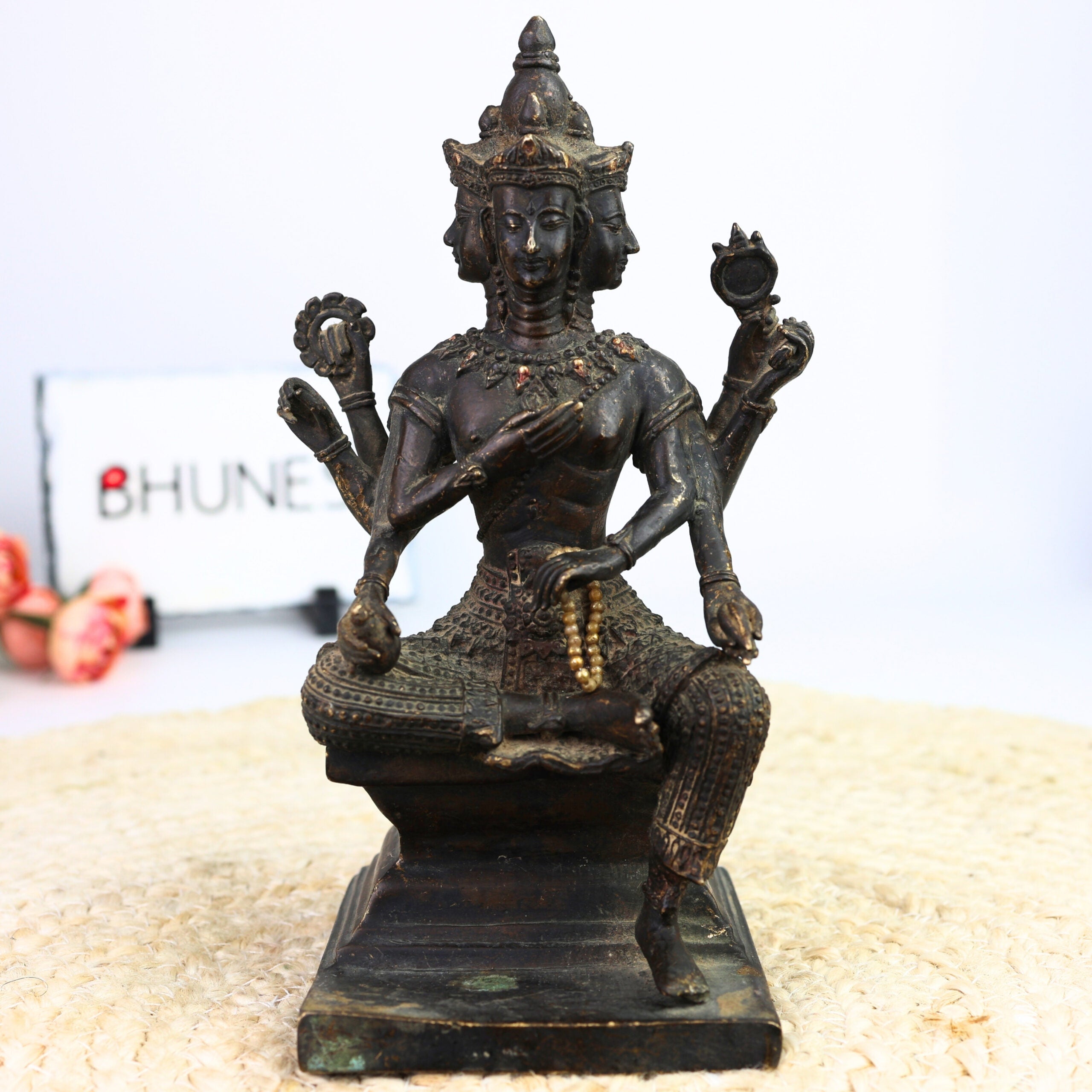 Brass Chaturmukha Brahma Idol – Handcrafted Peetal Murti of Vedanatha Prajapati for Puja, Home Temple & Vastu Decor,Black, 8.5 Inch, 1 Piece