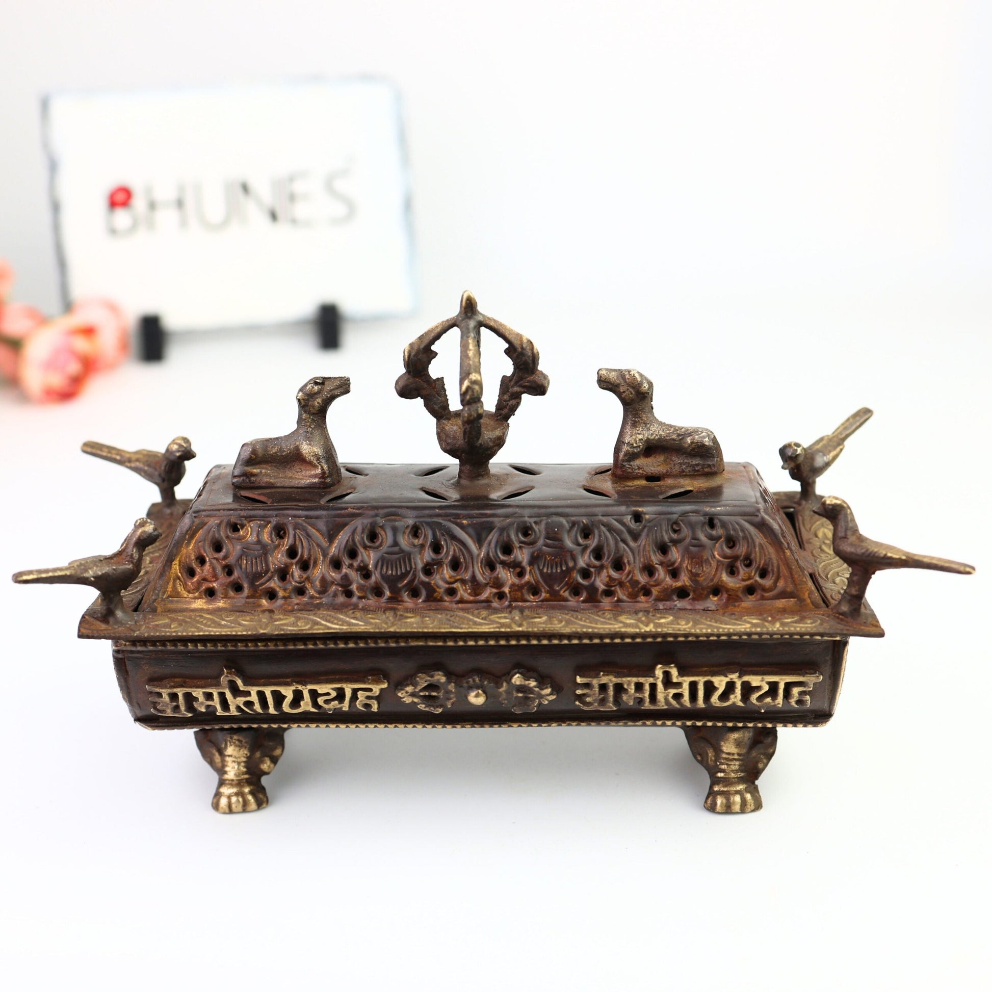Bhunes Brass Incense Burner, Traditional Dhoop Dhani & Agarbatti Holder For Pooja & Aromatherapy,Brown, 4.5 Inch, 1 Piece