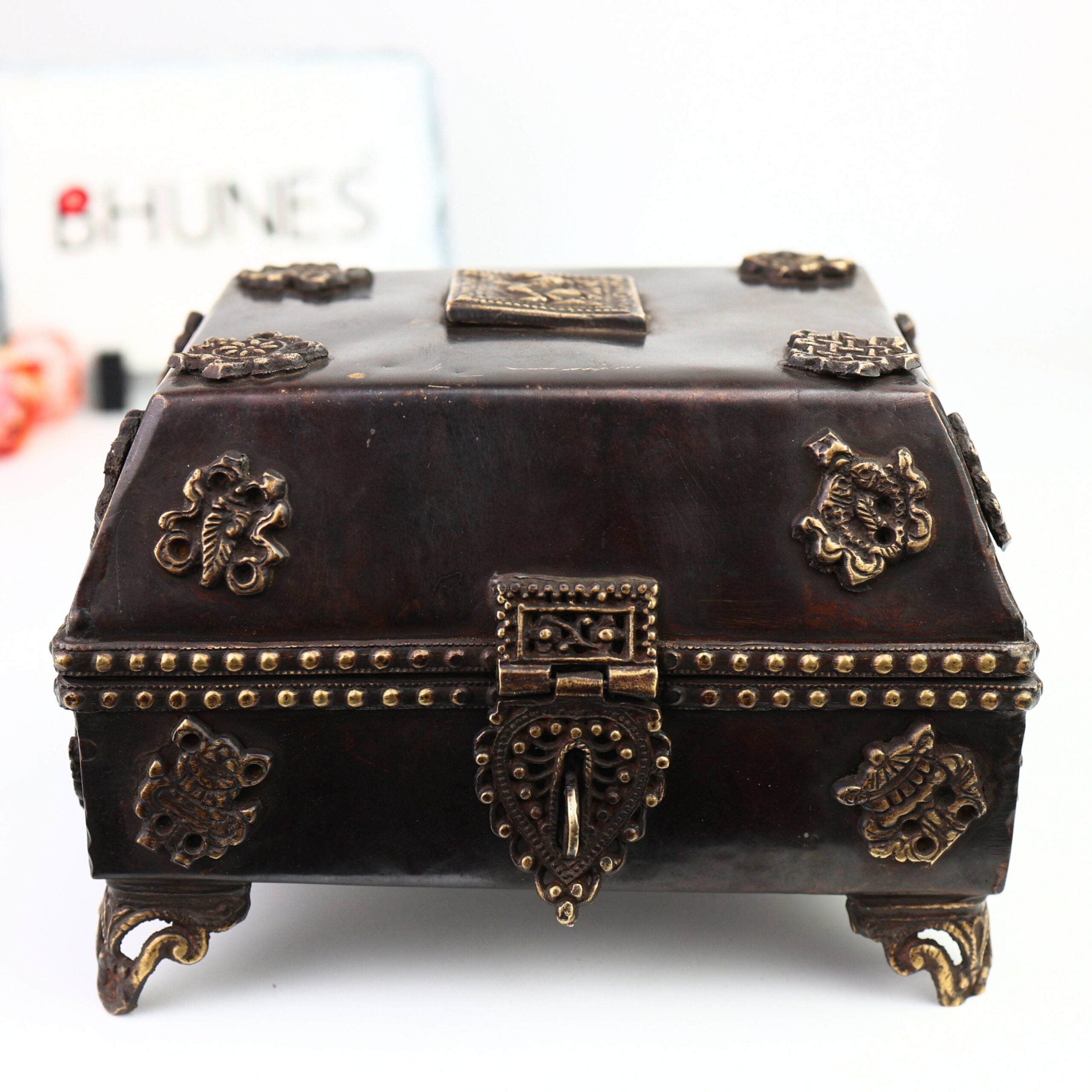 Bhunes Brass Multipurpose Vintage Box – Handcrafted Antique Storage Container For Jewelry, Sindoor, Spices & Collectibles,Brown, 4.5 Inch, 1 Piece