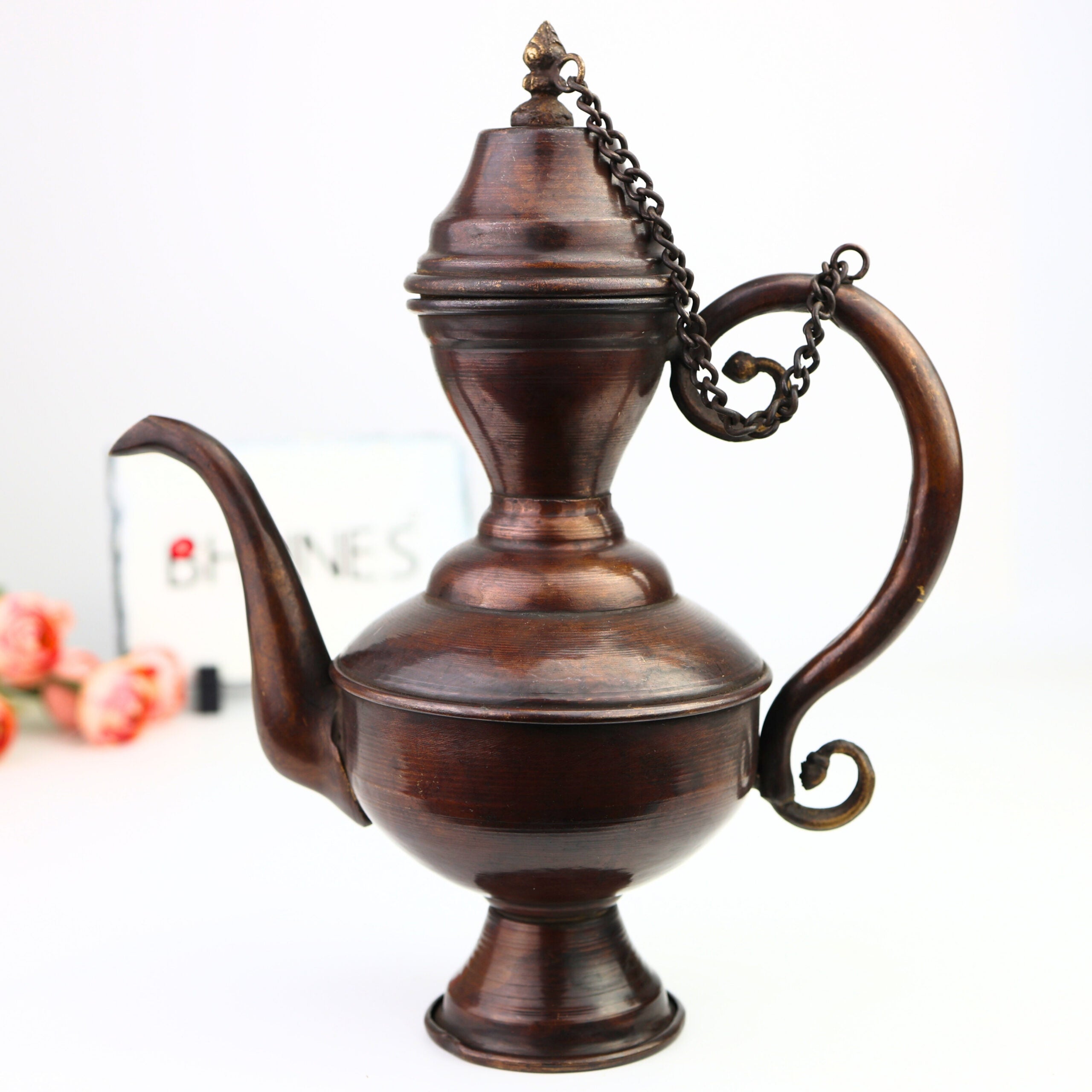 Handmade Brass Peetal Kettle Idol | Traditional Pittal Tea Pot Surahi for , Decor & Gift | Vintage Indian Hitale Tambra Pittal Water Pot Murti,Brown, 9 Inch, 1 Piece