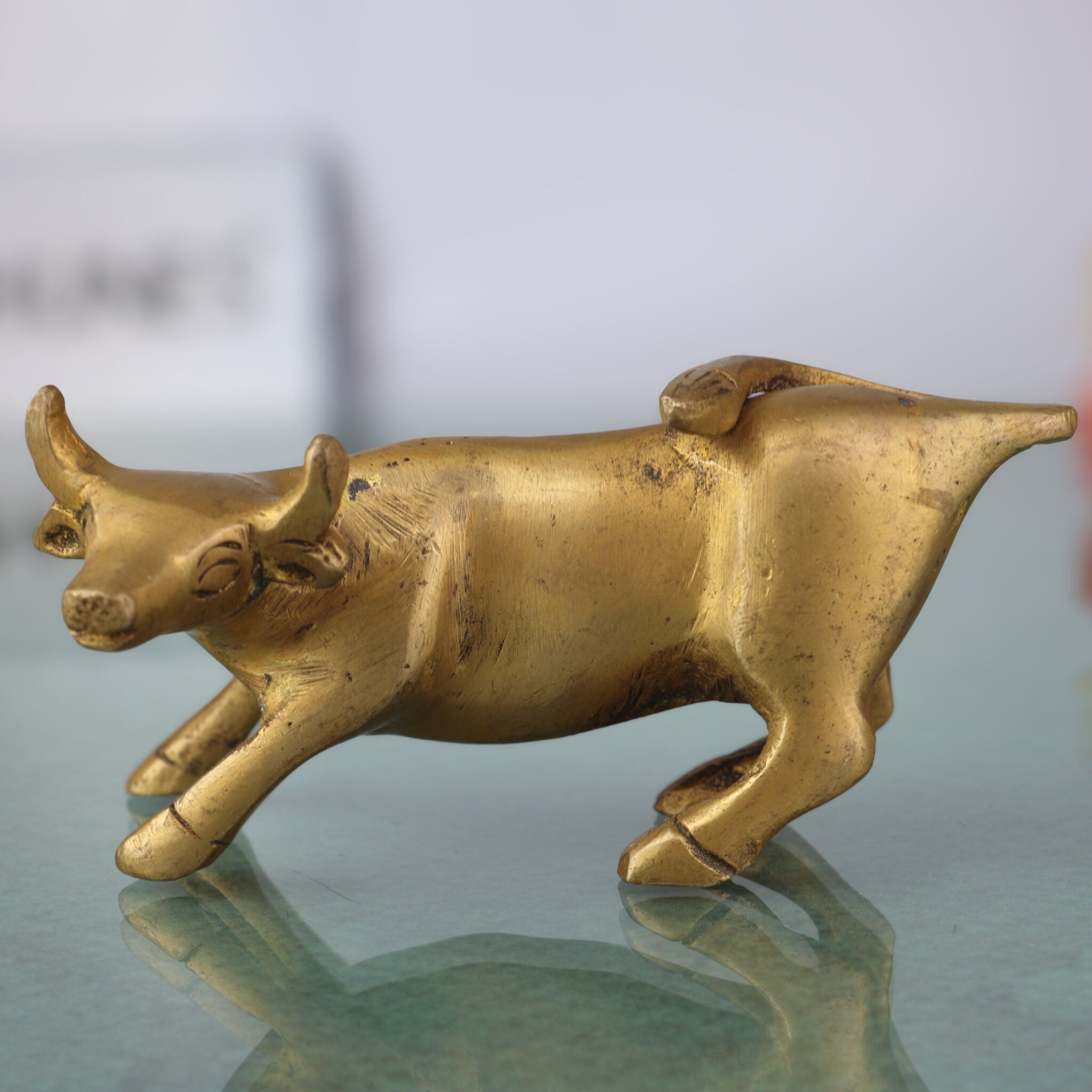 Handcrafted Brass Nandi Bull Sculpture | Vrishabha, Basava, Shiva Vahana Idol for Home, Temple & Vastu,Gold, 2.5 Inch, 1 Piece