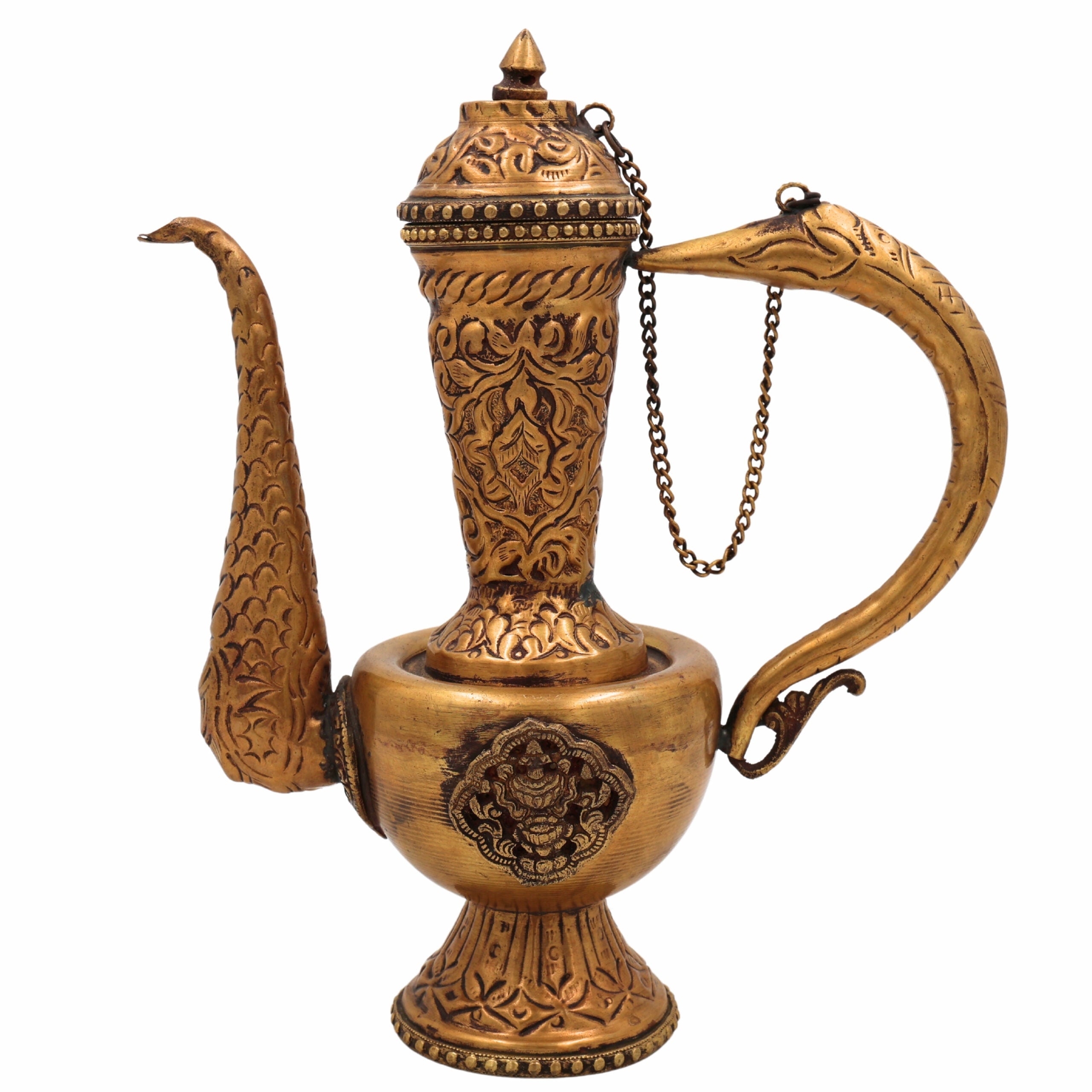 Handcrafted Brass Kettle Idol – Vintage Peetal Chai Pot | Pittal Surahi Samovar for Pooja, Home Decor & Ethnic Gifting,Brown, 10 Inch, 1 Piece