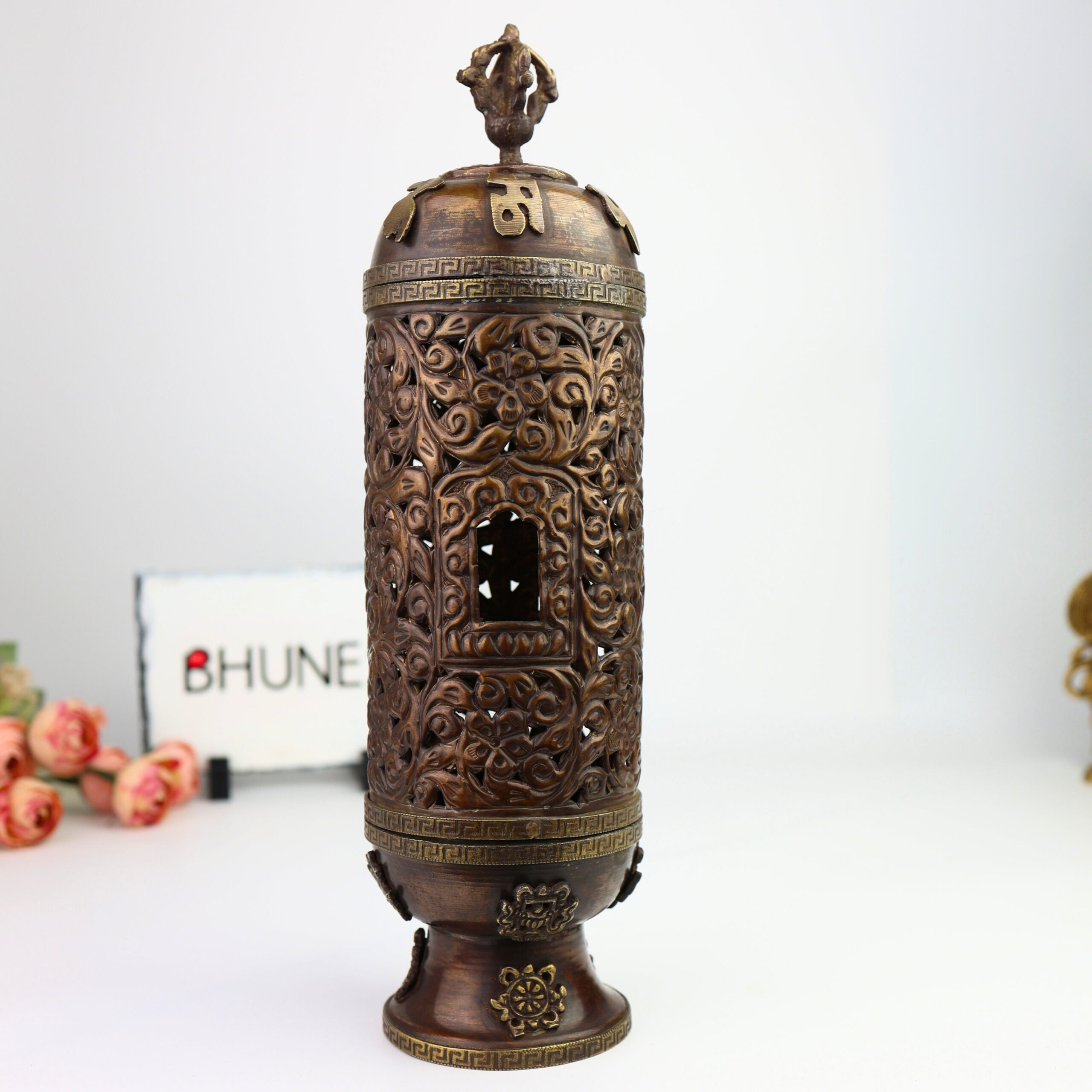 Handcrafted Brass Agarbatti Holder for Pooja, Traditional Dhoop Stand & Incense Burner for Mandir with Moorthi of Lakshmi, Ganesha & Shiva | Pital Dhoop Dani for Home Temple Decor,Brown, 12.5 Inch, 1 Piece