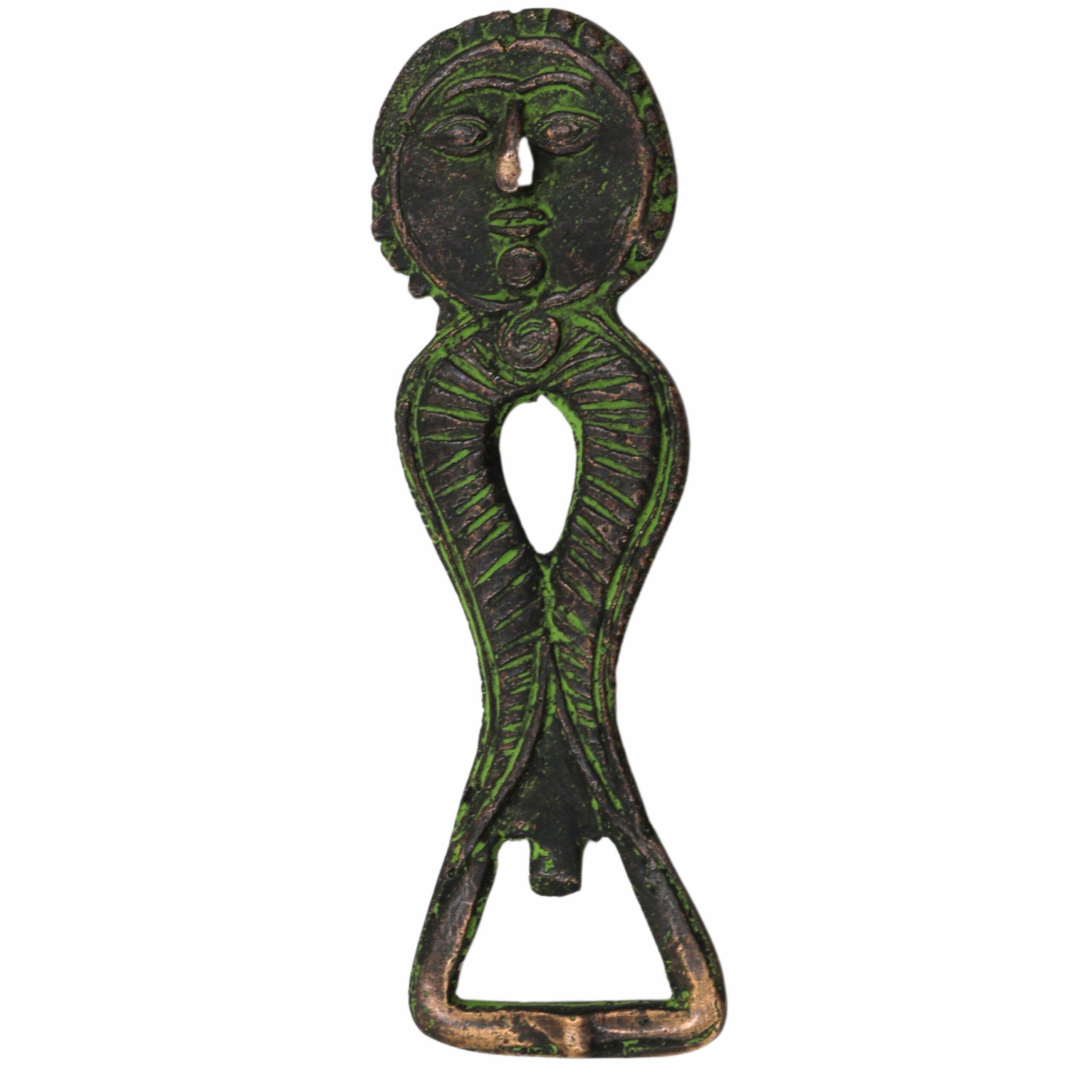 Bhunes Brass Bastar Art Bottle Opener, Tribal Handmande Opener,Green, 5 Inch, 1 Piece