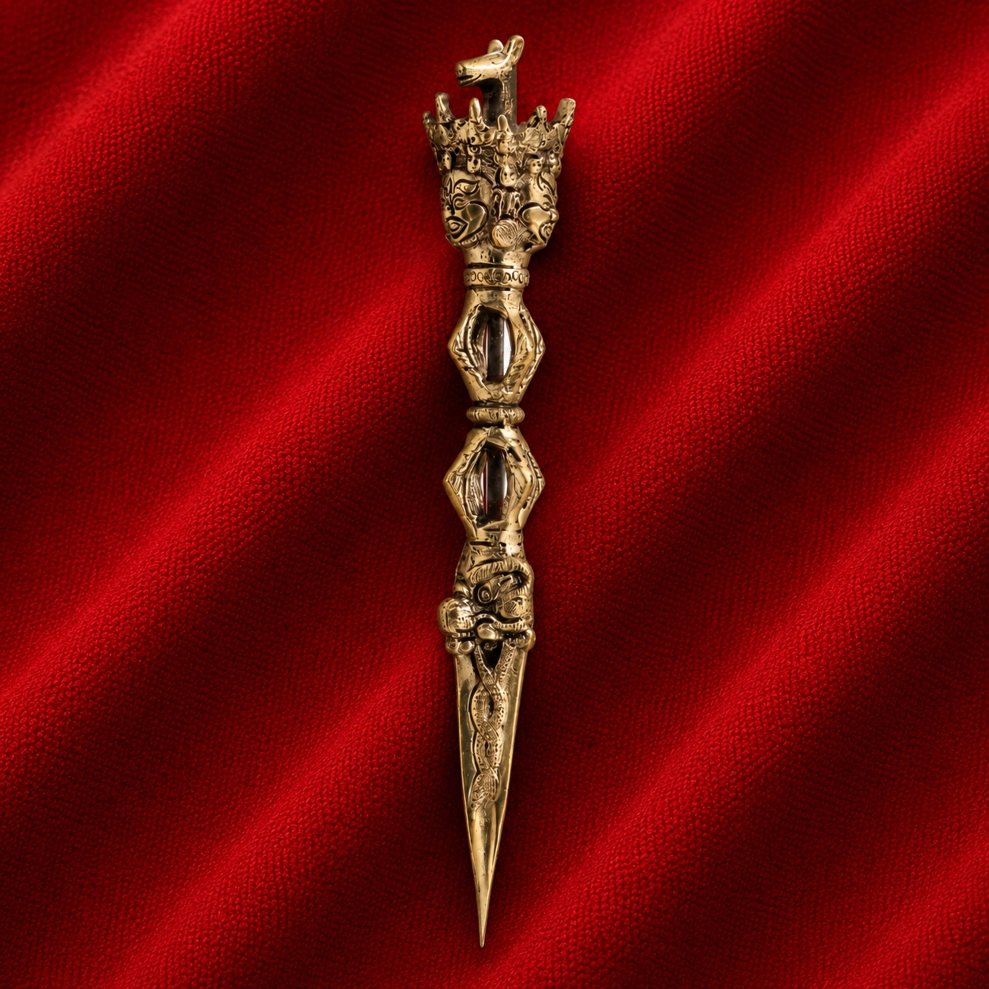 Brass Phurba Vajrakilaya Idol, Tibetan Dorje Vajra Kila Purbha Ritual Dagger for Puja, Tantra, and Spiritual Protection,Gold, 10.5 Inch, 1 Piece