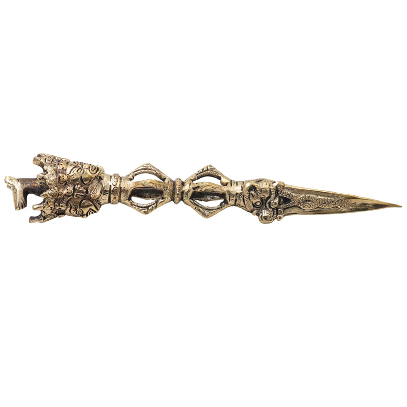 Brass Phurba Vajrakilaya Idol, Tibetan Dorje Vajra Kila Purbha Ritual Dagger for Puja, Tantra, and Spiritual Protection,Gold, 10.5 Inch, 1 Piece