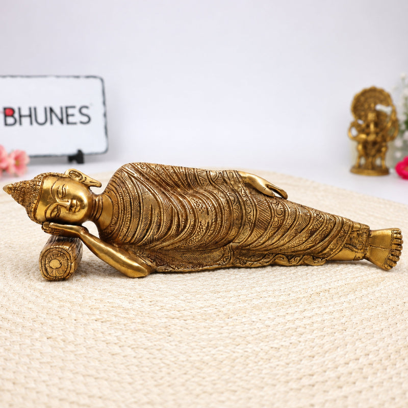 Brass Sleeping Buddha Idol | Reclining Shayanamurti Gautam Buddha Statue | Mahaparinirvana Shayan Buddha Murti for Home Decor, Pooja, Vastu & Gifts,Gold, 4.5 Inch, 1 Piece