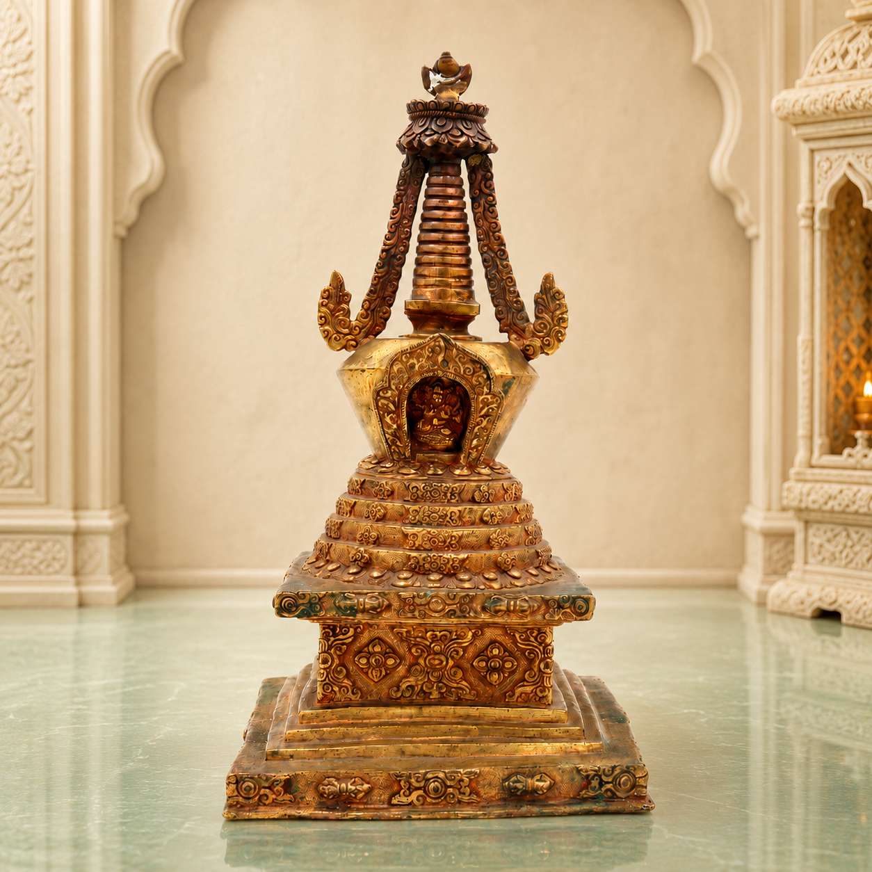 Handcrafted Brass Buddhist Stupa Idol – Peetal Mahachaitya | Sanchi Shanti Chaitya | Antique Pital Relic Dome for Home, Temple & Meditation Decor,Gold, 11 Inch, 1 Piece