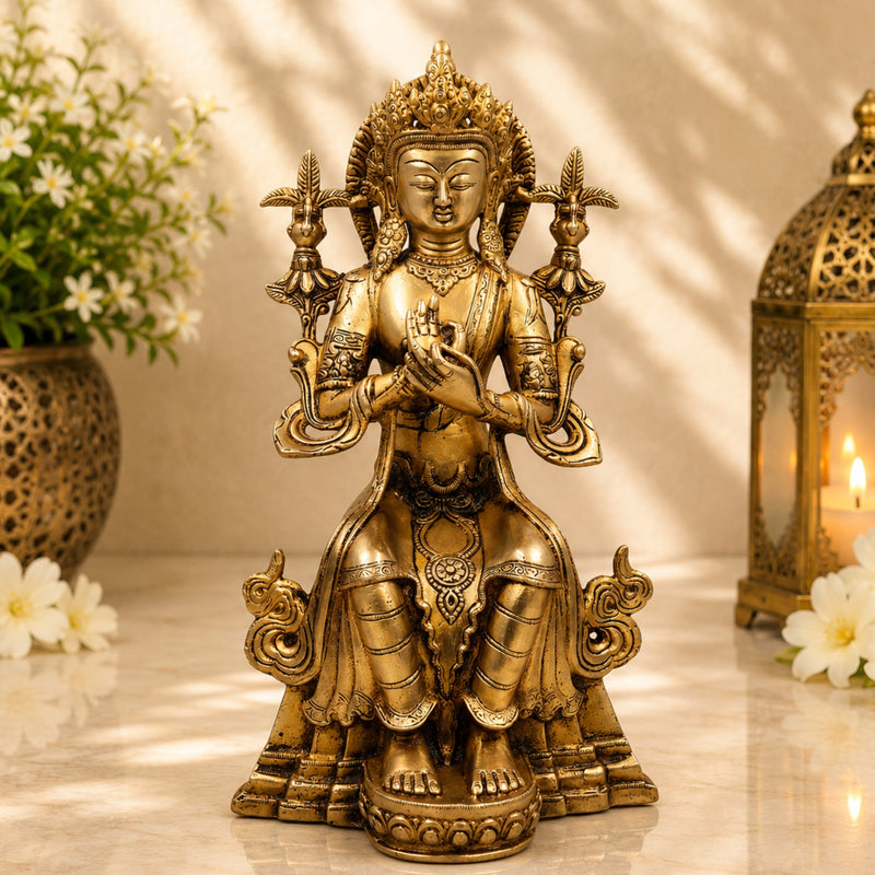Brass Lokeshwar Idol | Avalokiteshvara Padmapani Manjushri Statue | Buddhist Bodhisattva Murti for Home Temple, Pooja & Decor,Gold, 14 Inch, 1 Piece