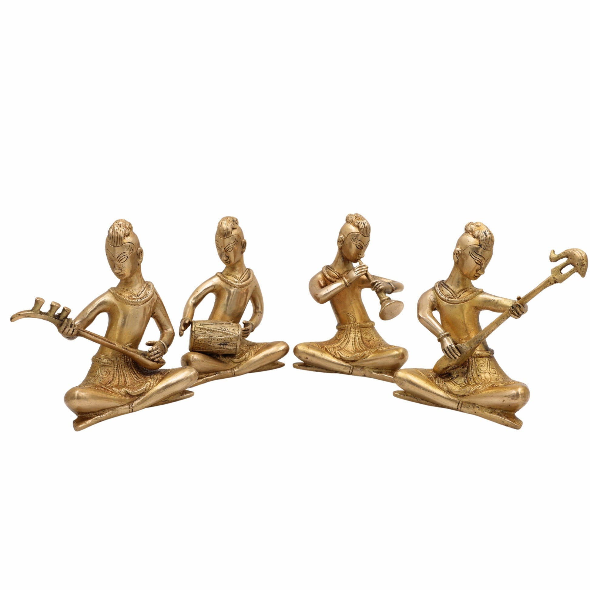 Brass Musical Kalakar Idol Set – Peetal Folk Musicians Playing Classical Instruments – Handmade Vadak Pittal Murti Showpiece for Home Decor, Mandir & Gifts (Set of 4),Gold, 6.5 Inch, 1 Piece