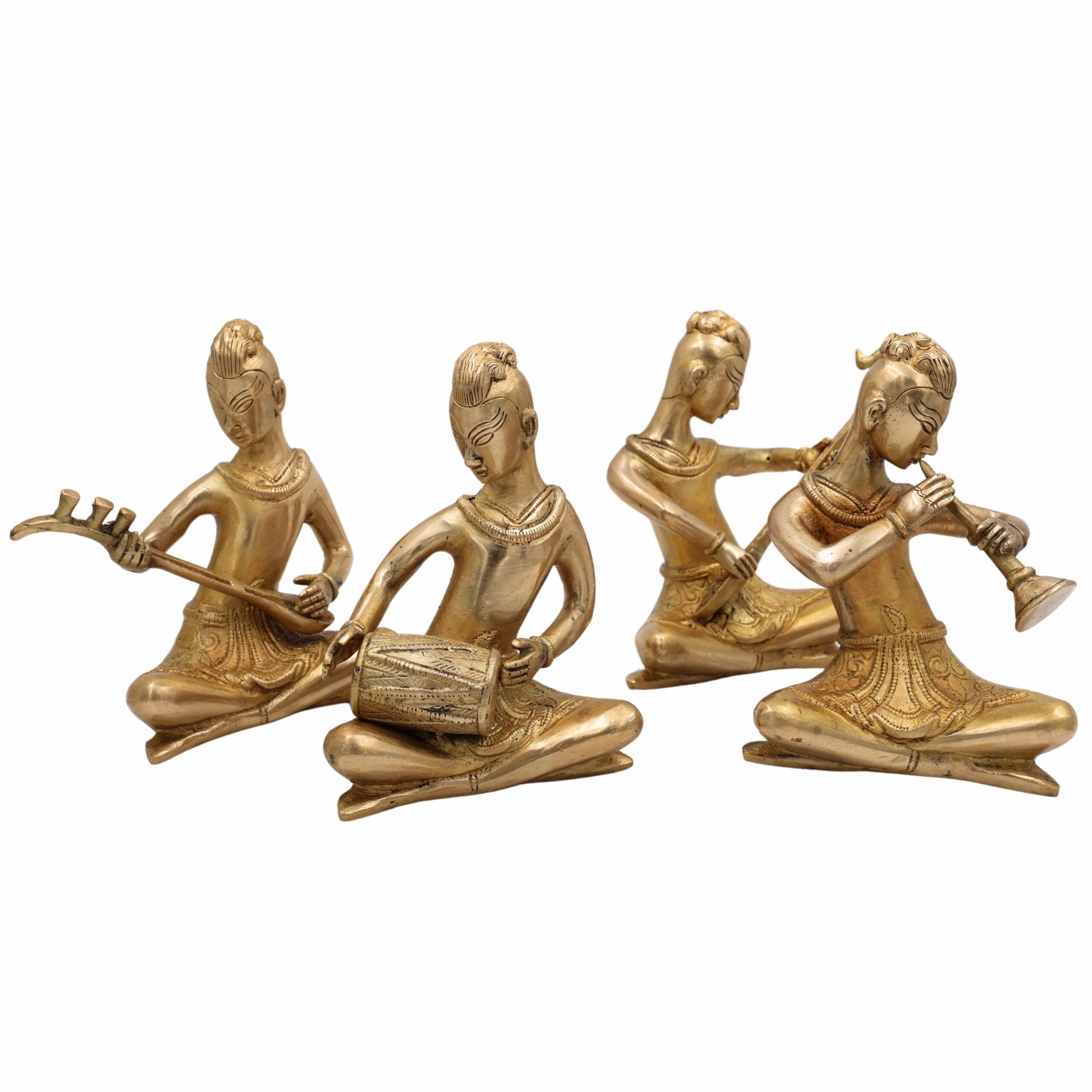 Brass Musical Kalakar Idol Set – Peetal Folk Musicians Playing Classical Instruments – Handmade Vadak Pittal Murti Showpiece for Home Decor, Mandir & Gifts (Set of 4),Gold, 6.5 Inch, 1 Piece