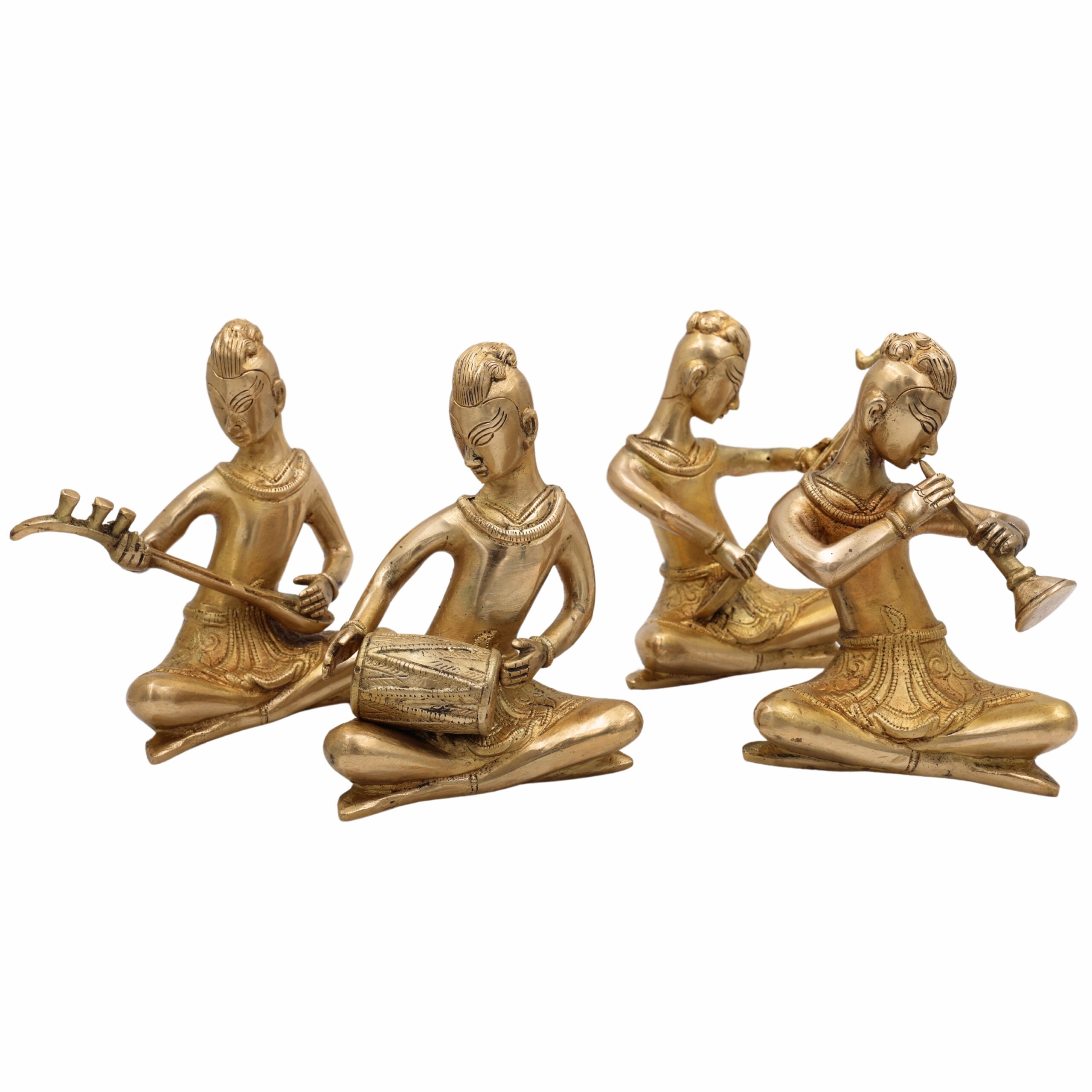 Brass Musical Kalakar Idol Set – Peetal Folk Musicians Playing Classical Instruments – Handmade Vadak Pittal Murti Showpiece for Home Decor, Mandir & Gifts (Set of 4),Gold, 6.5 Inch, 1 Piece