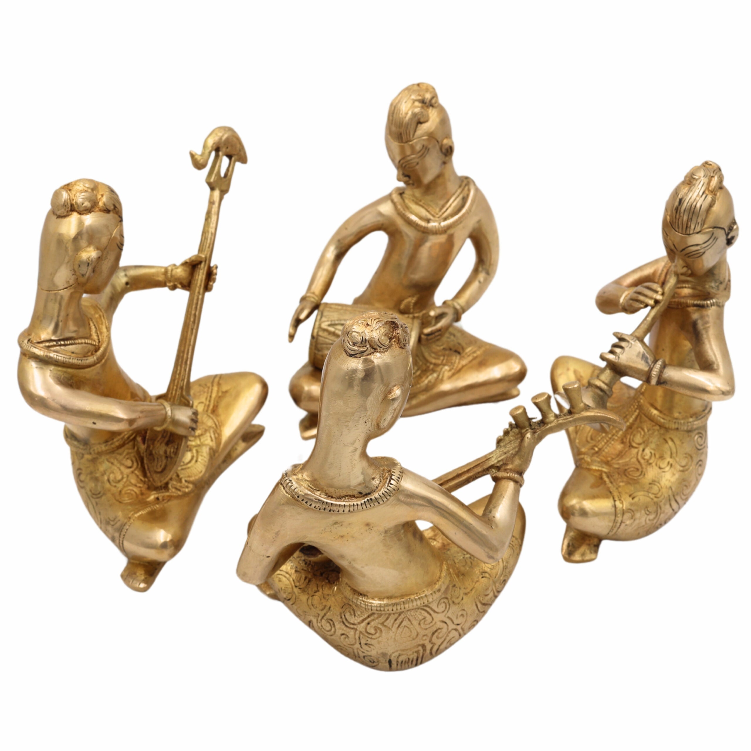 Brass Musical Kalakar Idol Set – Peetal Folk Musicians Playing Classical Instruments – Handmade Vadak Pittal Murti Showpiece for Home Decor, Mandir & Gifts (Set of 4),Gold, 6.5 Inch, 1 Piece