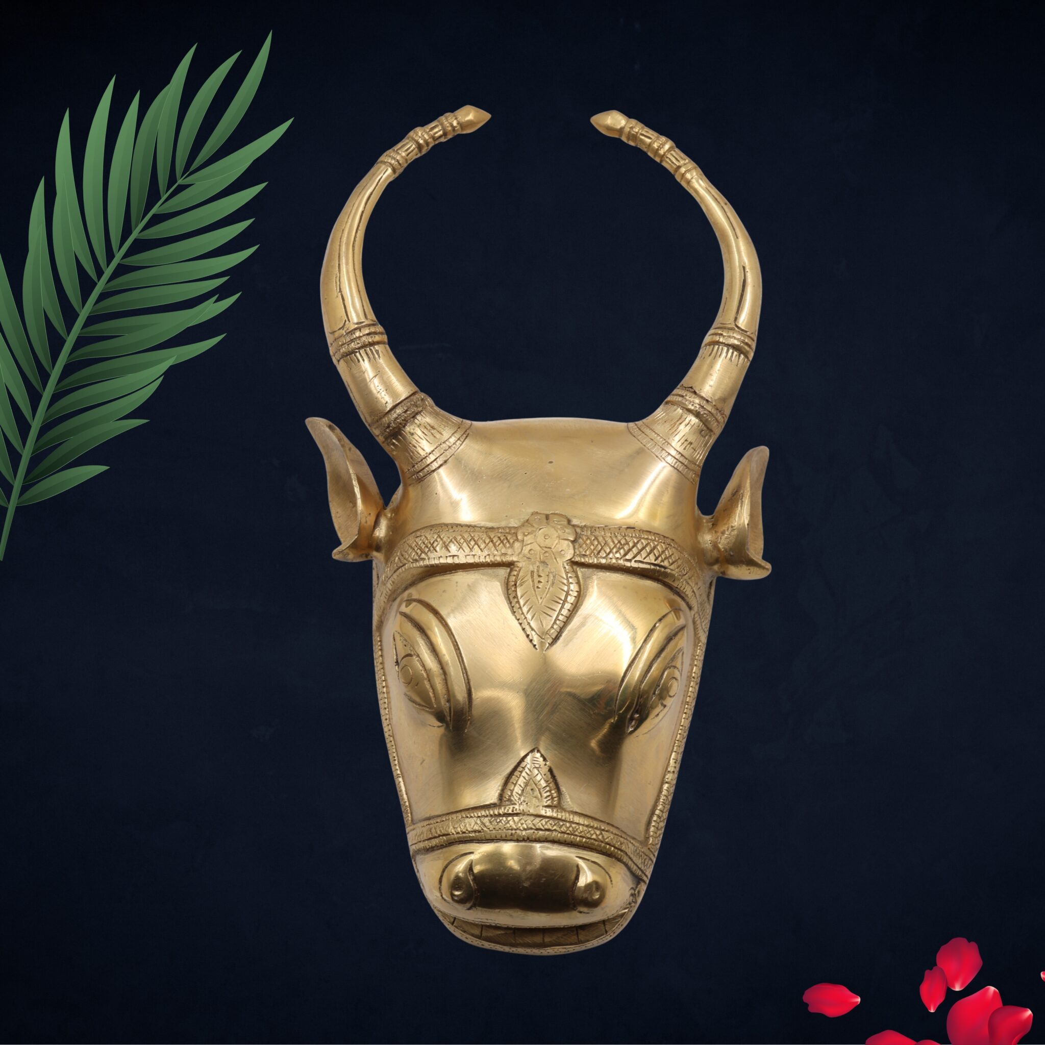 Handcrafted Brass Nandi Bull Face Wall Hanging | Vrishabha Basava Nandikeshwara Sculpture for Temple, Pooja Room & Vastu Decor,Gold, 13 Inch, 1 Piece