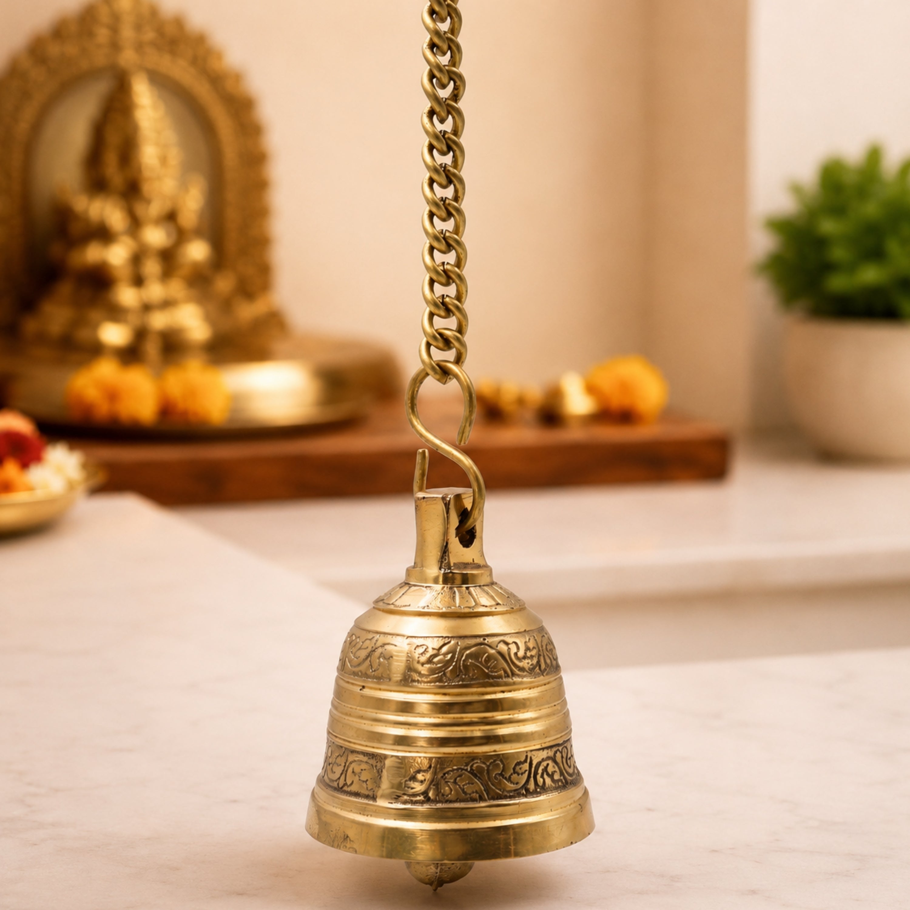 Bhunes Brass Hanging Pooja Bell, Handcrafted Temple Ghanti For Home, Mandir & Auspicious Rituals,Gold, 3 Inch, 1 Piece