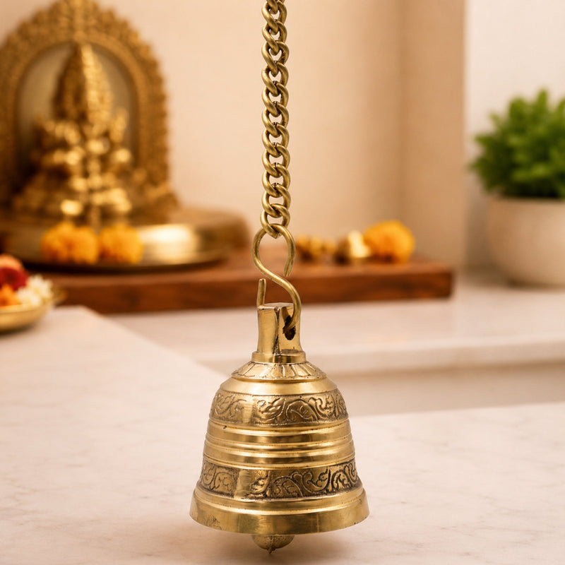 Bhunes Brass Hanging Pooja Bell, Handcrafted Temple Ghanti For Home, Mandir & Auspicious Rituals,Gold, 3 Inch, 1 Piece