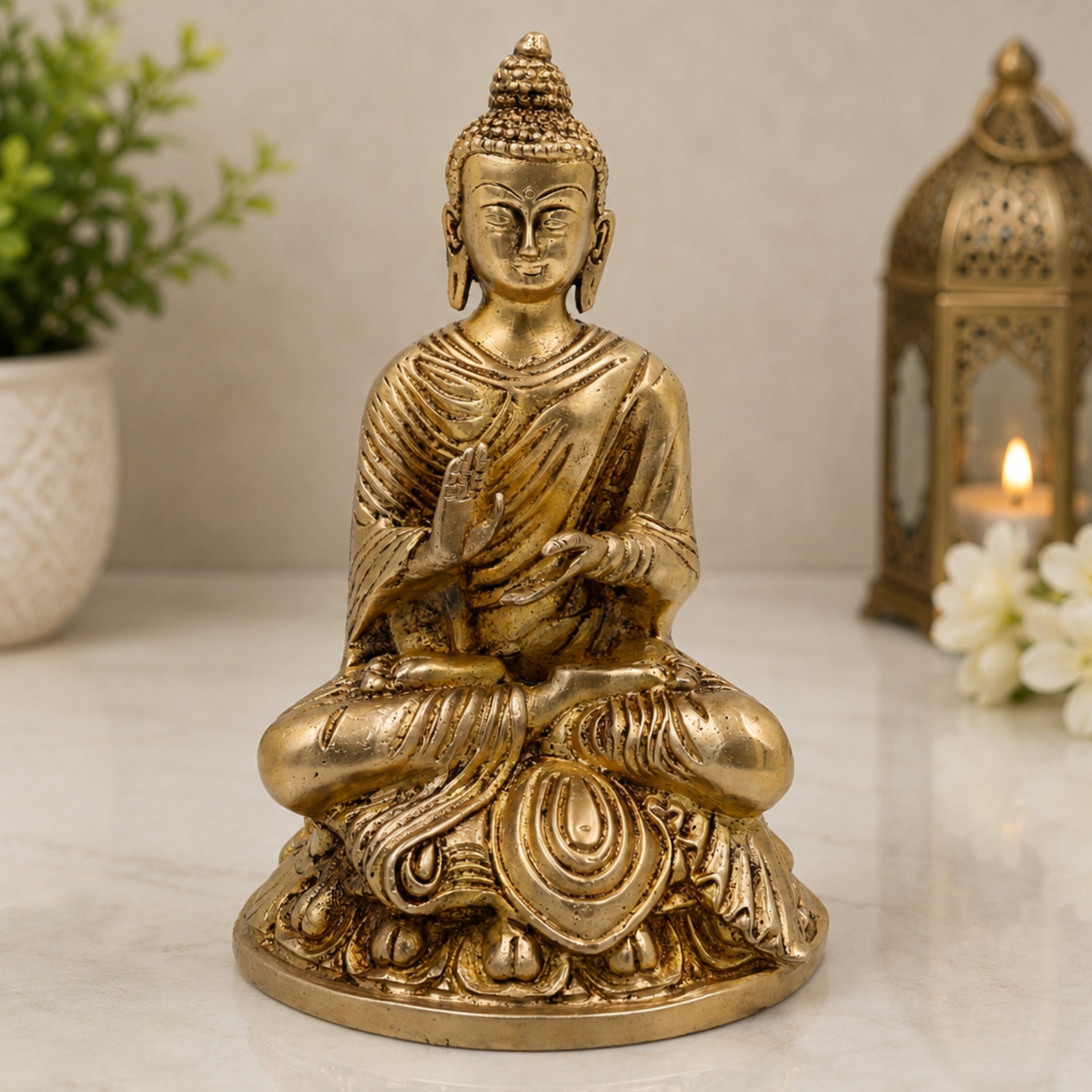 Handcrafted Brass Gautam Buddha Idol | Shakyamuni Tathagata Pital Murti for Pooja, Meditation, Home Decor & Vastu,Gold, 7.5 Inch, 1 Piece