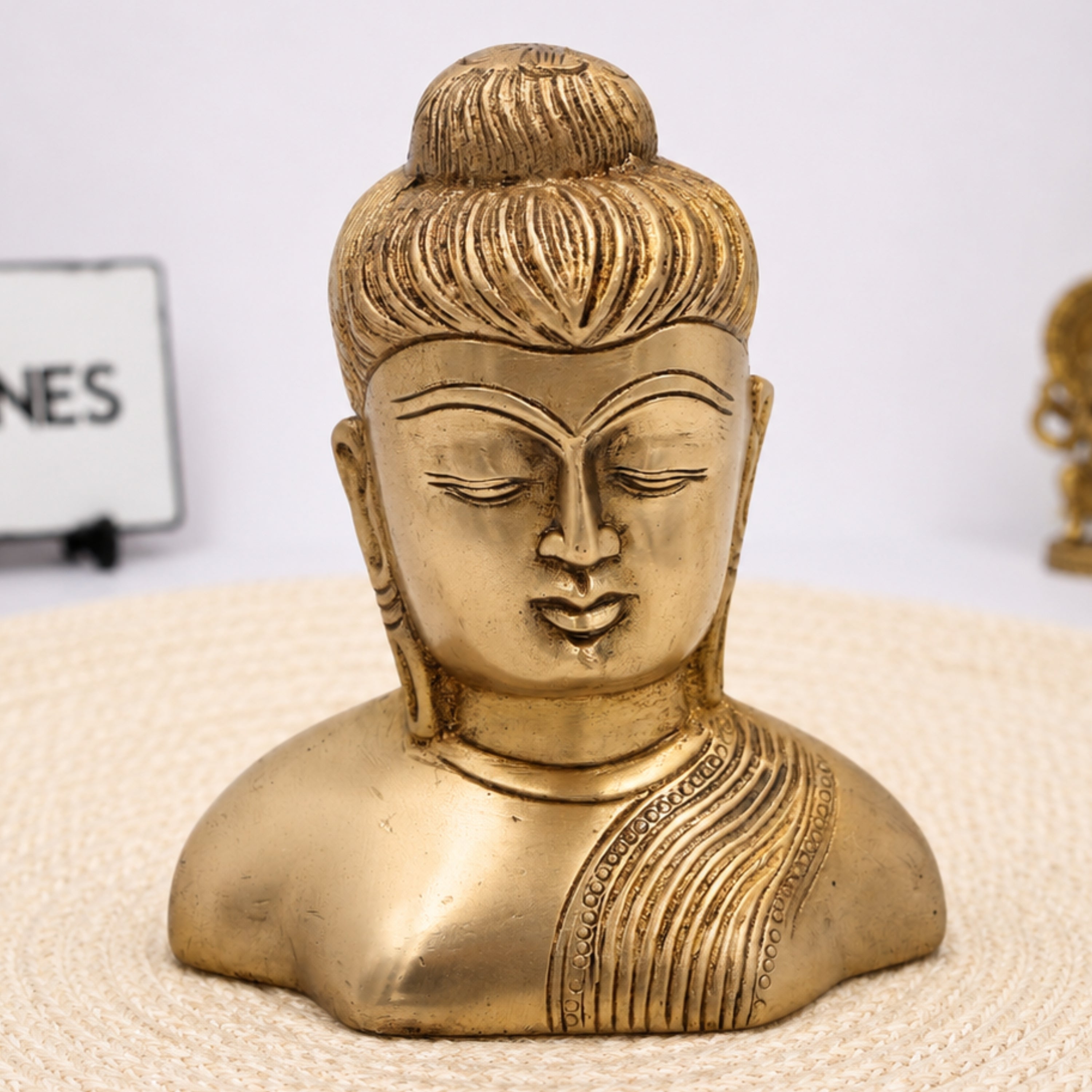 Brass Buddha Head Idol | Gautam Buddha Murti | Budh Graha Devata Statue | Handcrafted Peetal/Pittal Pooja Vigraha for Home Temple, Meditation & Decor,Gold, 4.5 Inch, 1 Piece