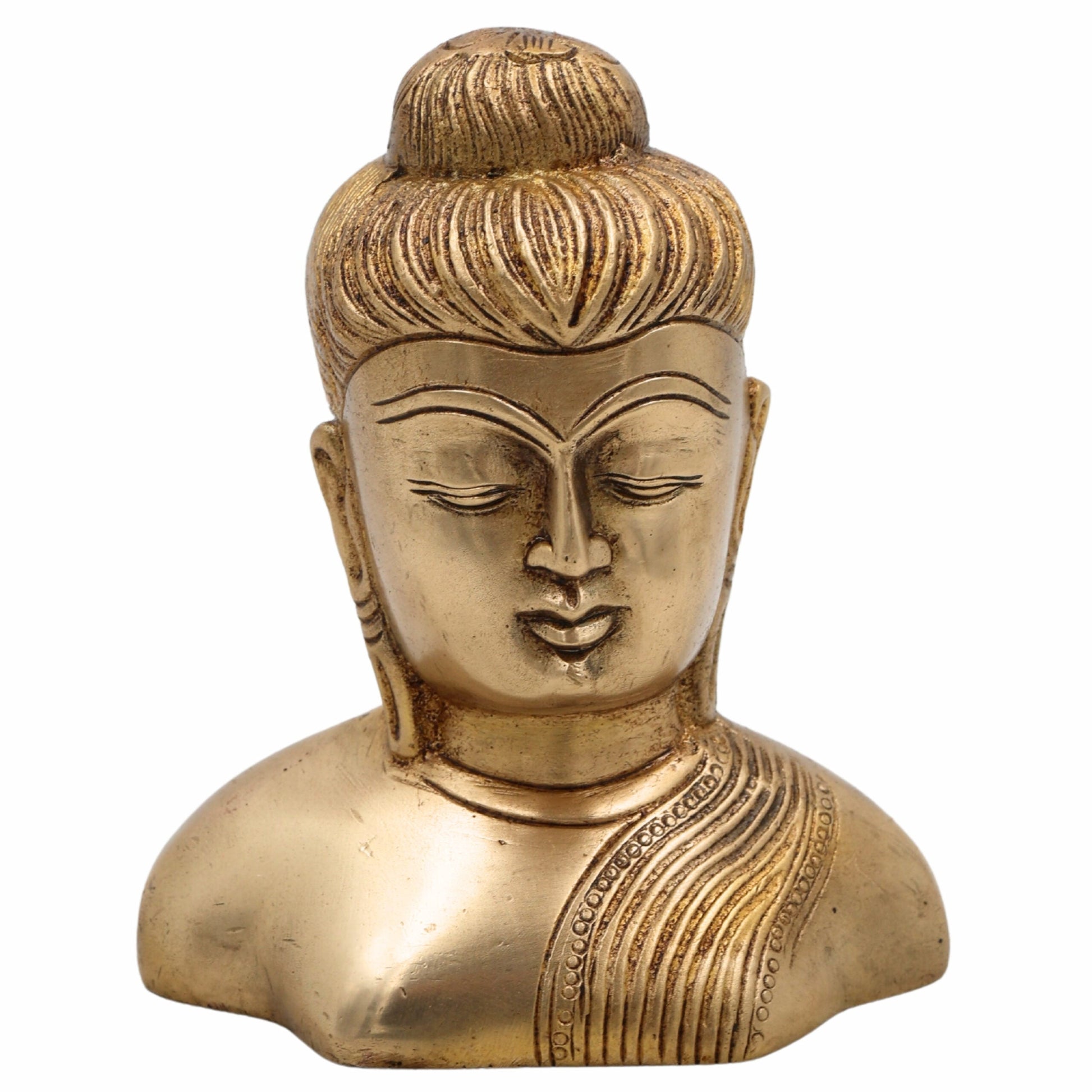 Brass Buddha Head Idol | Gautam Buddha Murti | Budh Graha Devata Statue | Handcrafted Peetal/Pittal Pooja Vigraha for Home Temple, Meditation & Decor,Gold, 4.5 Inch, 1 Piece