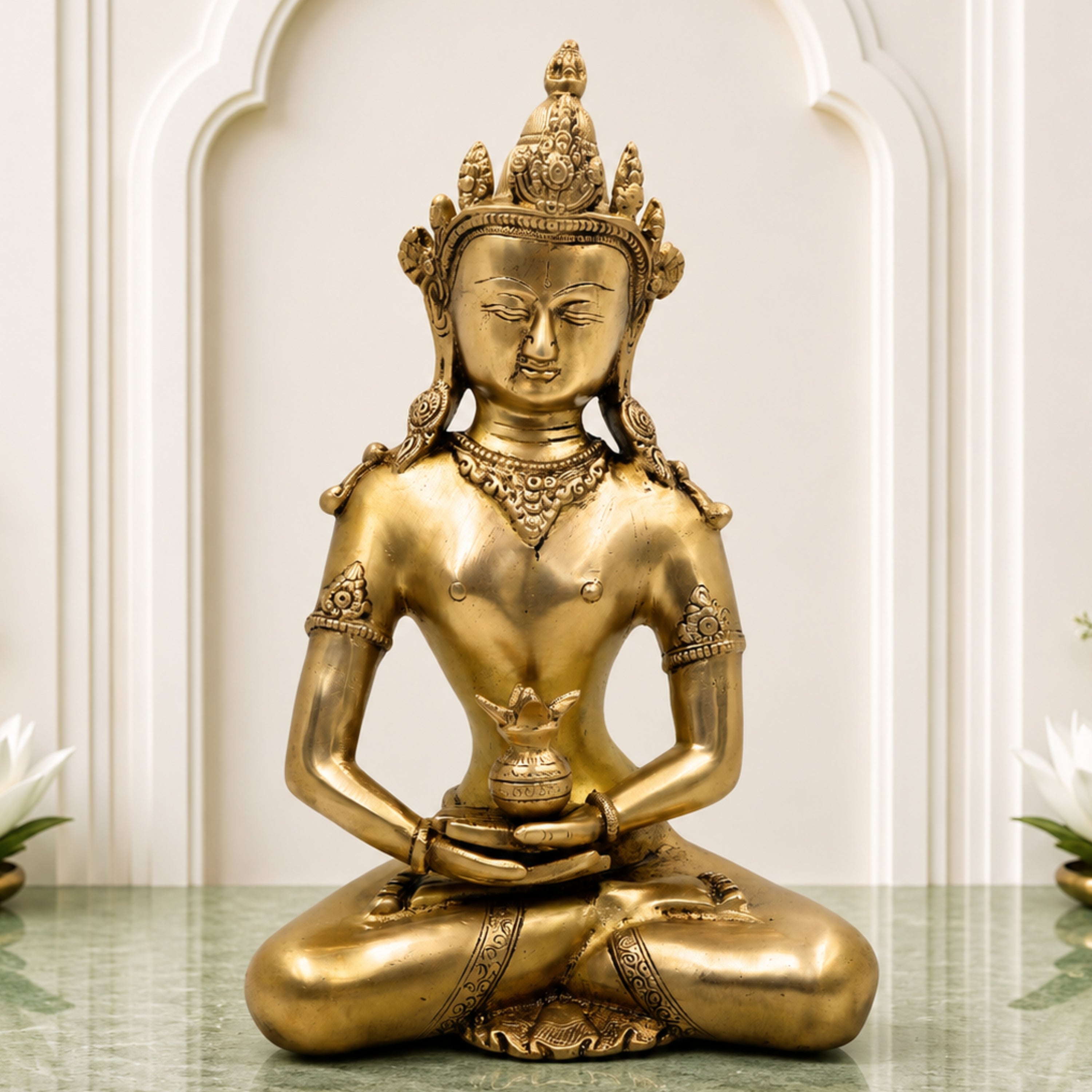 Brass Buddhist Lokeshwar Idol, Avalokiteshvara Padmapani Chenrezig Karunamaya Bodhisattva Sculpture for Home Temple, Meditation & Decor,Gold, 13 Inch, 1 Piece