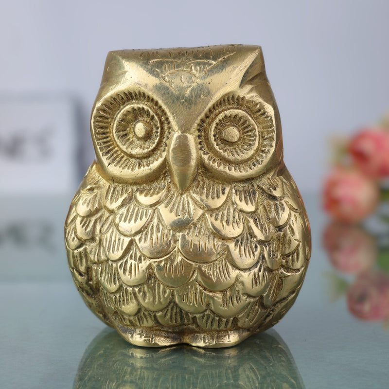 Brass Owl Idol | Handcrafted Ullu, Pechu, Uluka, Lakshmi Pakshi Statue in Peetal Pital Pittal Ashtadhatu for Vastu, Feng Shui, Wisdom & Prosperity,Gold, 3 Inch, 1 Piece