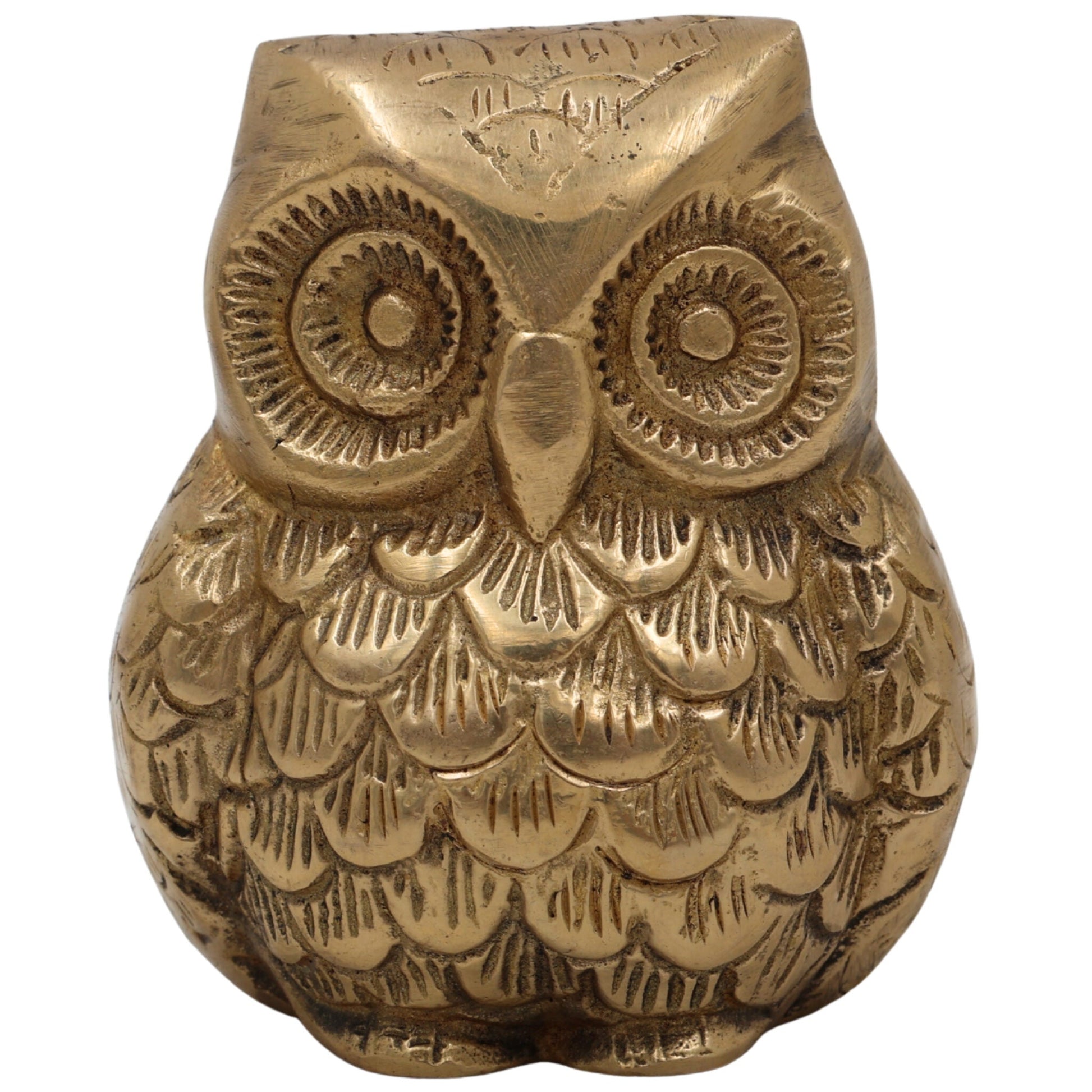 Brass Owl Idol | Handcrafted Ullu, Pechu, Uluka, Lakshmi Pakshi Statue in Peetal Pital Pittal Ashtadhatu for Vastu, Feng Shui, Wisdom & Prosperity,Gold, 3 Inch, 1 Piece