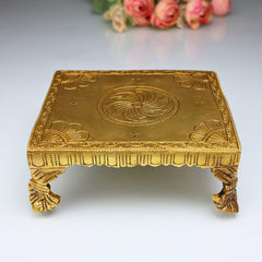 Brass Pooja Chowki Peetha Singhasan Stand for Temple, Handmade Heavy Chowki for Kalash & Deity Idols, Gold, 2 Inch, 1 Piece