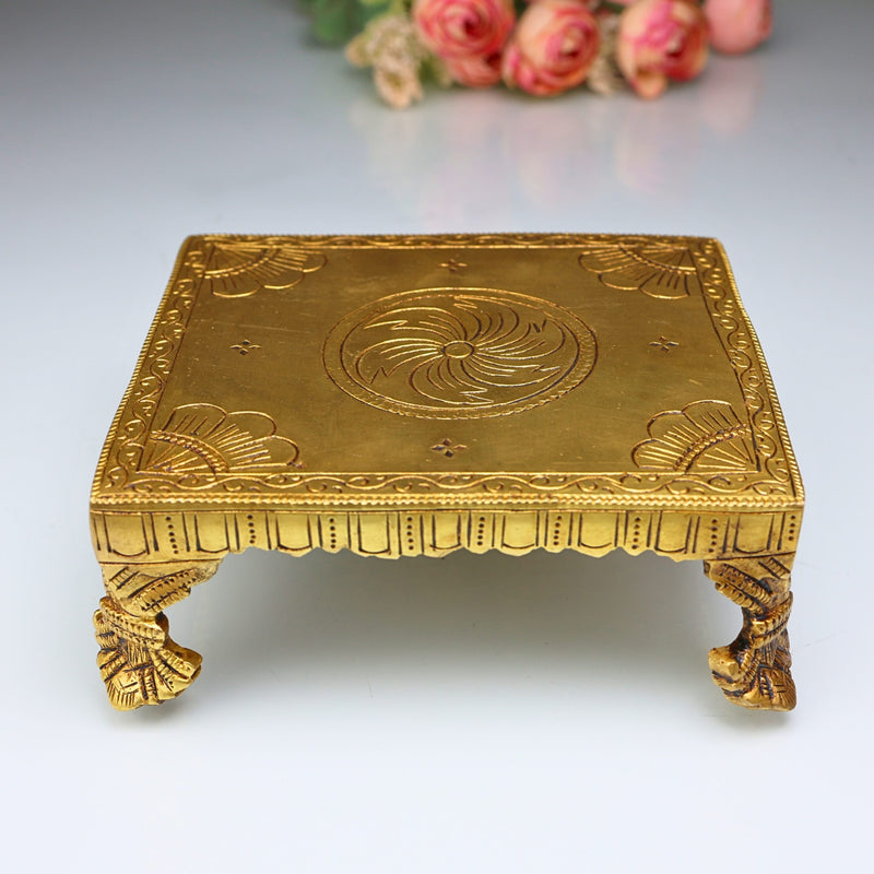 Brass Pooja Chowki Peetha Singhasan Stand for Temple, Handmade Heavy Chowki for Kalash & Deity Idols, Gold, 2 Inch, 1 Piece