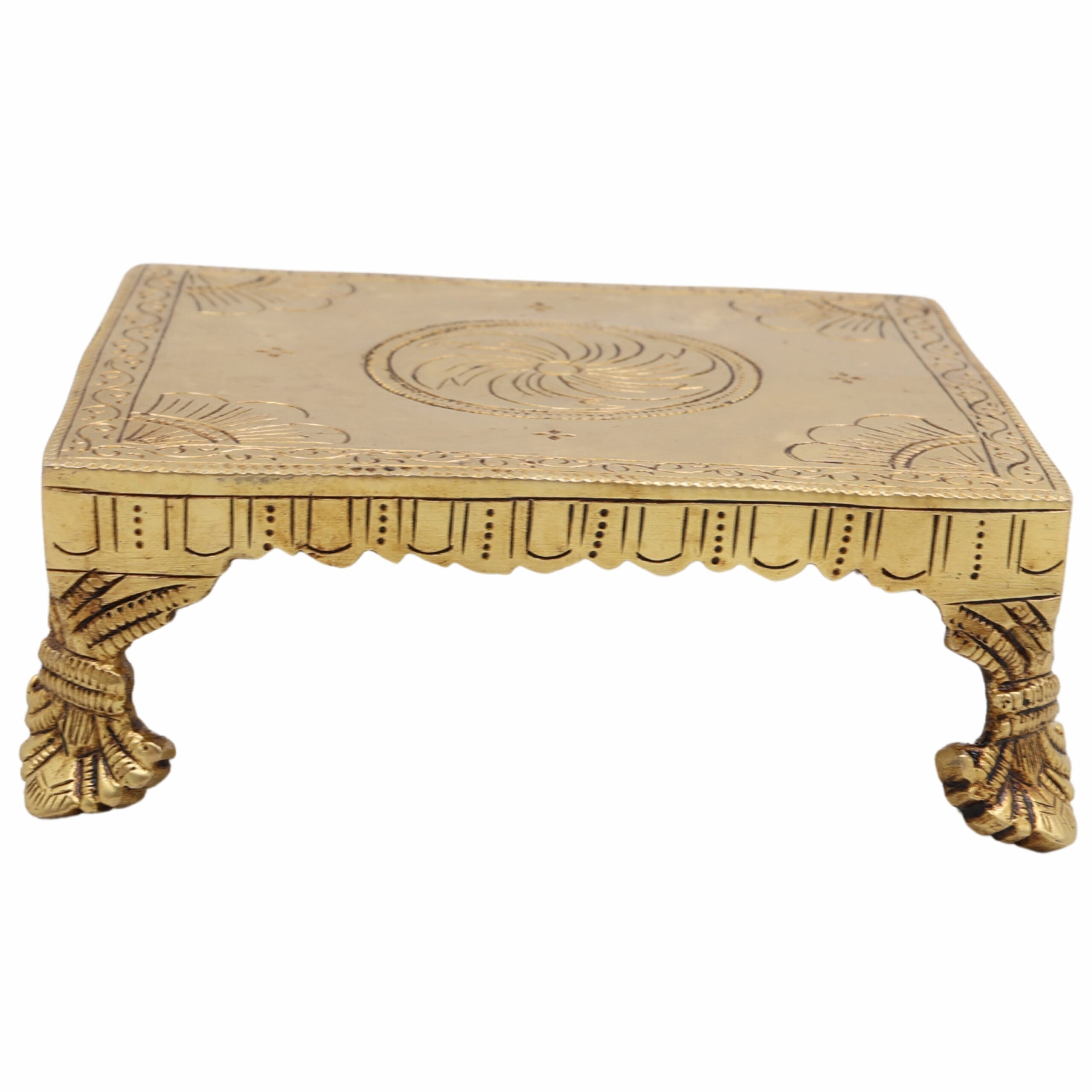 Brass Pooja Chowki Peetha Singhasan Stand for Temple, Handmade Heavy Chowki for Kalash & Deity Idols, Gold, 2 Inch, 1 Piece