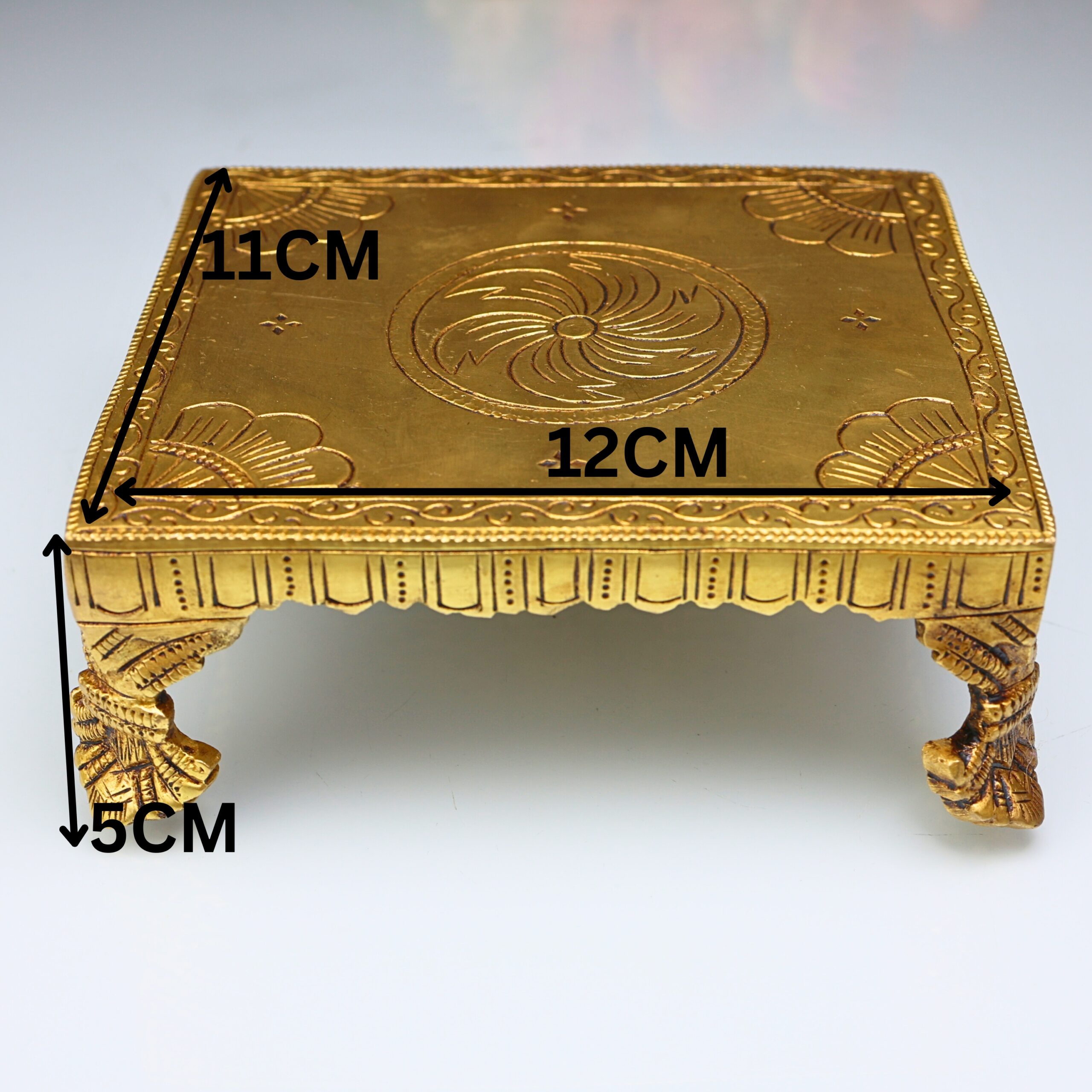 Brass Pooja Chowki Peetha Singhasan Stand for Temple, Handmade Heavy Chowki for Kalash & Deity Idols, Gold, 2 Inch, 1 Piece