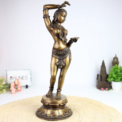 Brass Apsara Mirror Lady Idol – Darpana Sundari Shringarika Murti | Handcrafted Peetal Temple Dancer Statue for Home Decor & Gifting,Gold, 18.5 Inch, 1 Piece