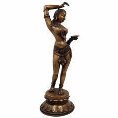 Brass Apsara Mirror Lady Idol – Darpana Sundari Shringarika Murti | Handcrafted Peetal Temple Dancer Statue for Home Decor & Gifting,Gold, 18.5 Inch, 1 Piece