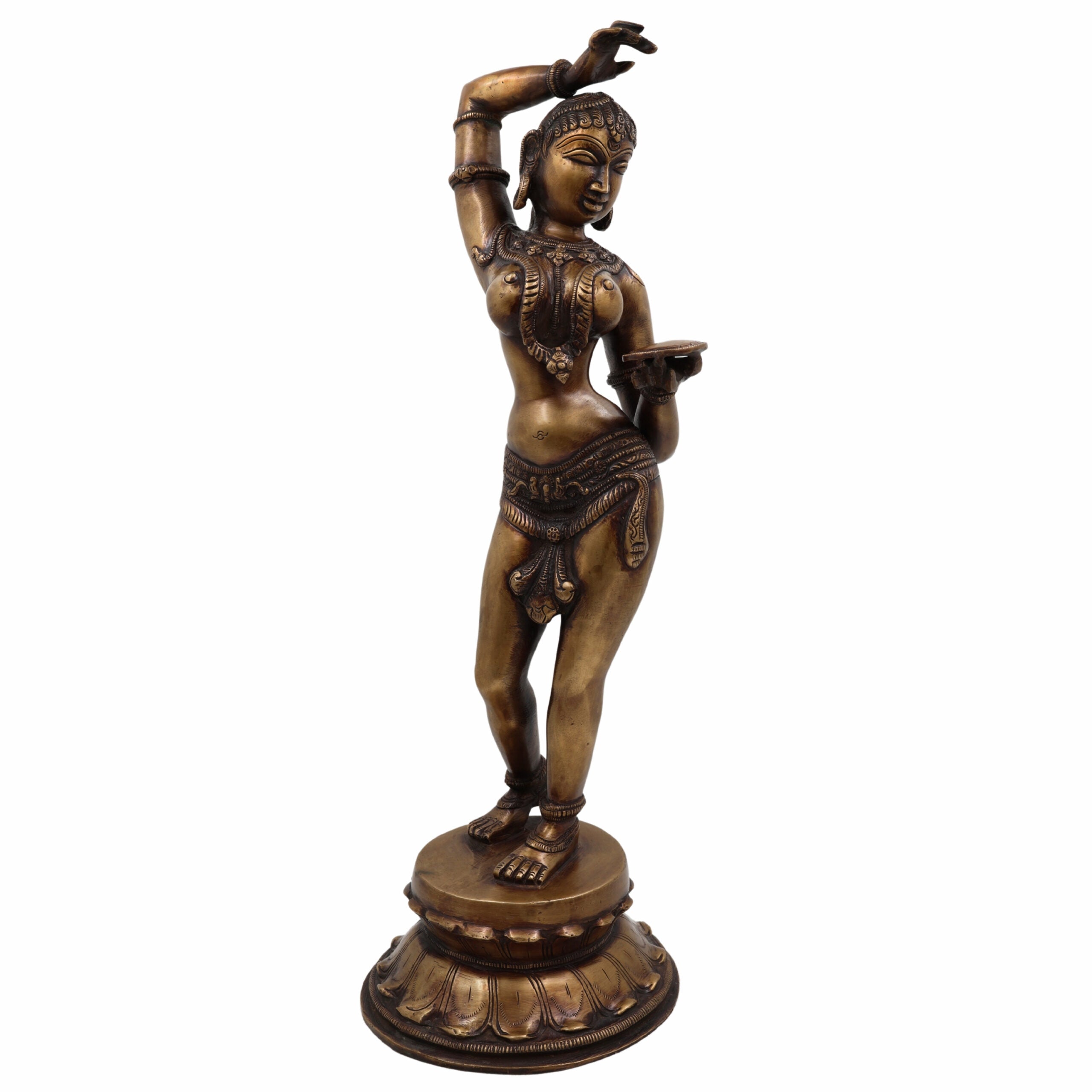 Brass Apsara Mirror Lady Idol – Darpana Sundari Shringarika Murti | Handcrafted Peetal Temple Dancer Statue for Home Decor & Gifting,Gold, 18.5 Inch, 1 Piece