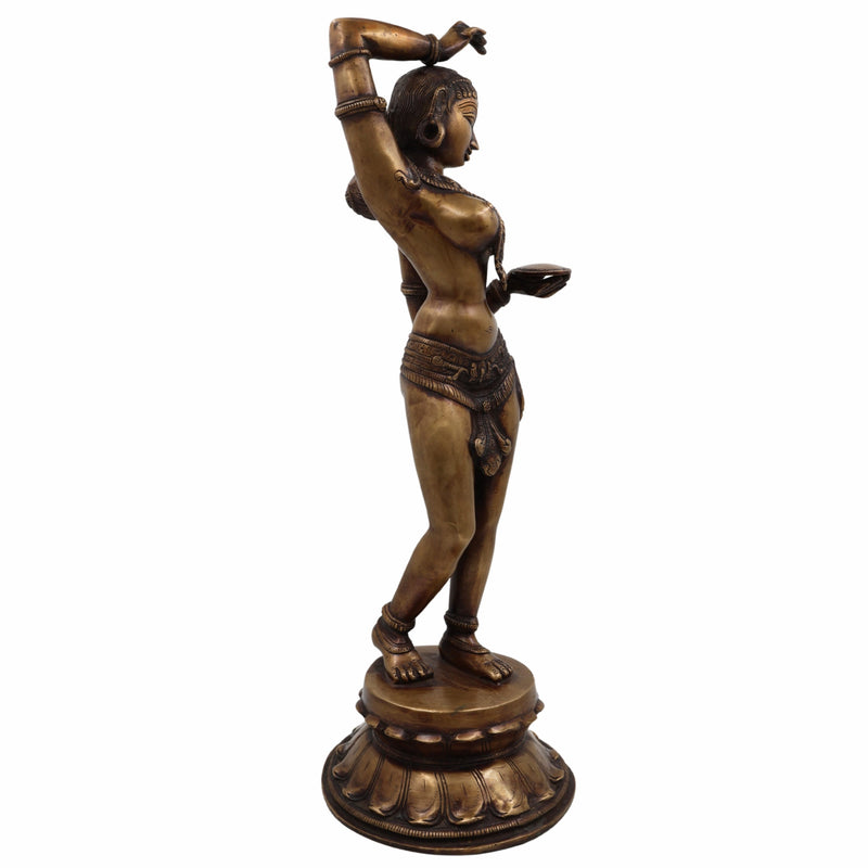 Brass Apsara Mirror Lady Idol – Darpana Sundari Shringarika Murti | Handcrafted Peetal Temple Dancer Statue for Home Decor & Gifting,Gold, 18.5 Inch, 1 Piece