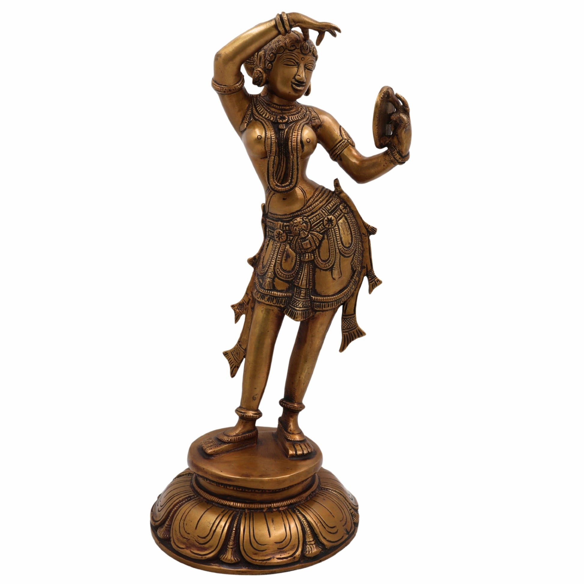 Brass Apsara Mirror Lady Idol – Shringarika Darpana Sundari Moorthi | Bharatanatyam Celestial Nymph Statue for Home, Pooja & Decor,Gold, 13.5 Inch, 1 Piece