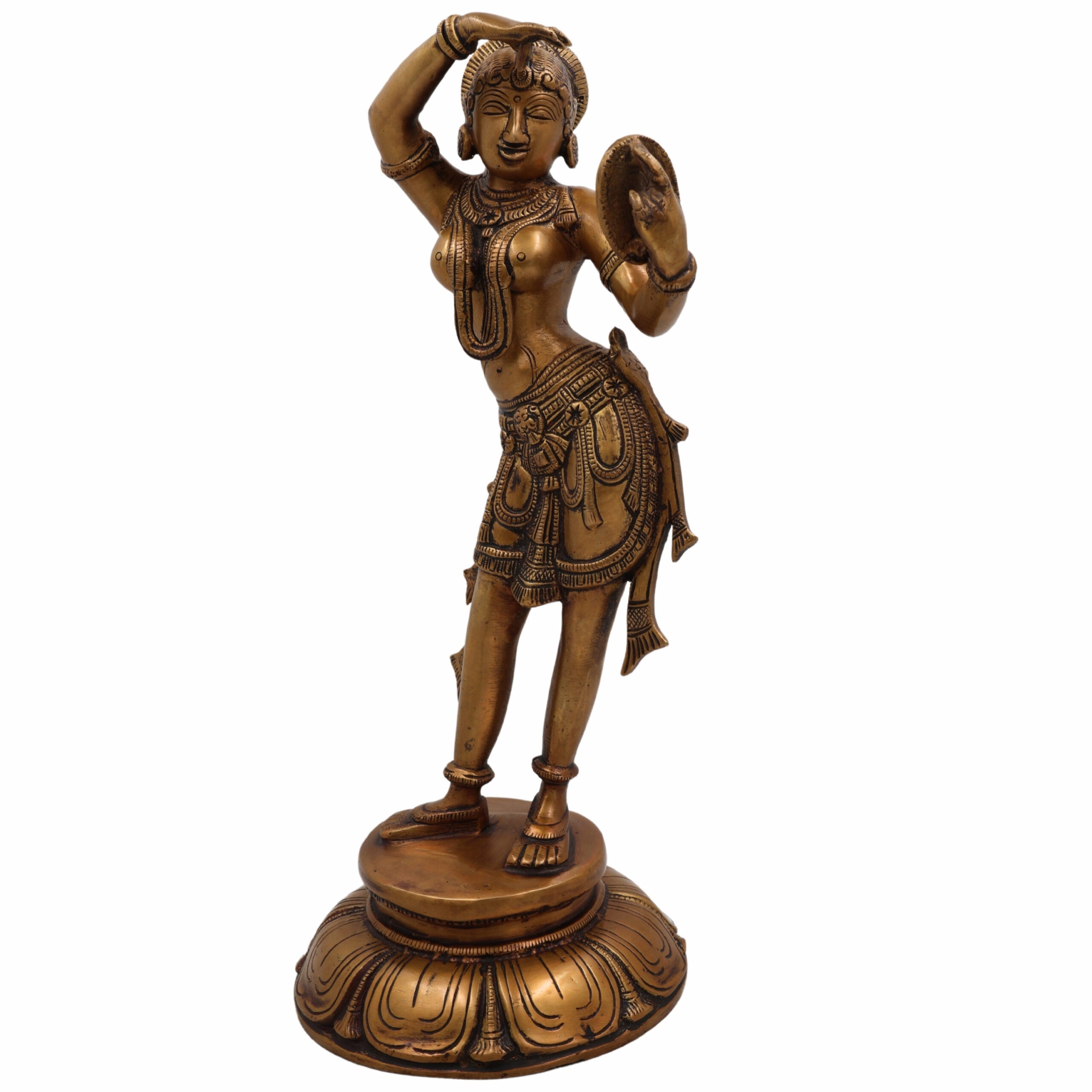 Brass Apsara Mirror Lady Idol – Shringarika Darpana Sundari Moorthi | Bharatanatyam Celestial Nymph Statue for Home, Pooja & Decor,Gold, 13.5 Inch, 1 Piece
