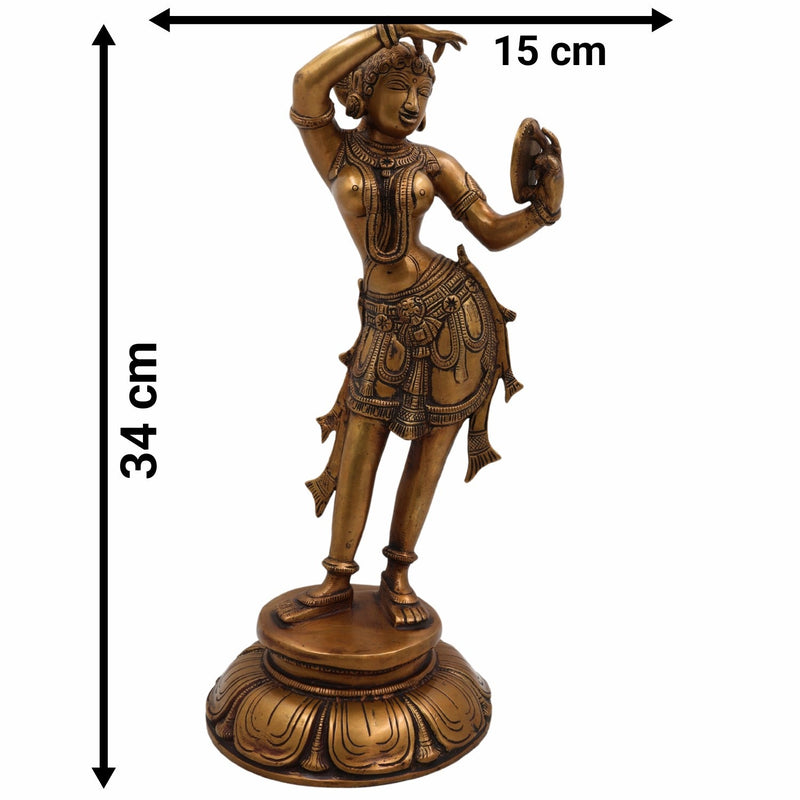 Brass Apsara Mirror Lady Idol – Shringarika Darpana Sundari Moorthi | Bharatanatyam Celestial Nymph Statue for Home, Pooja & Decor,Gold, 13.5 Inch, 1 Piece