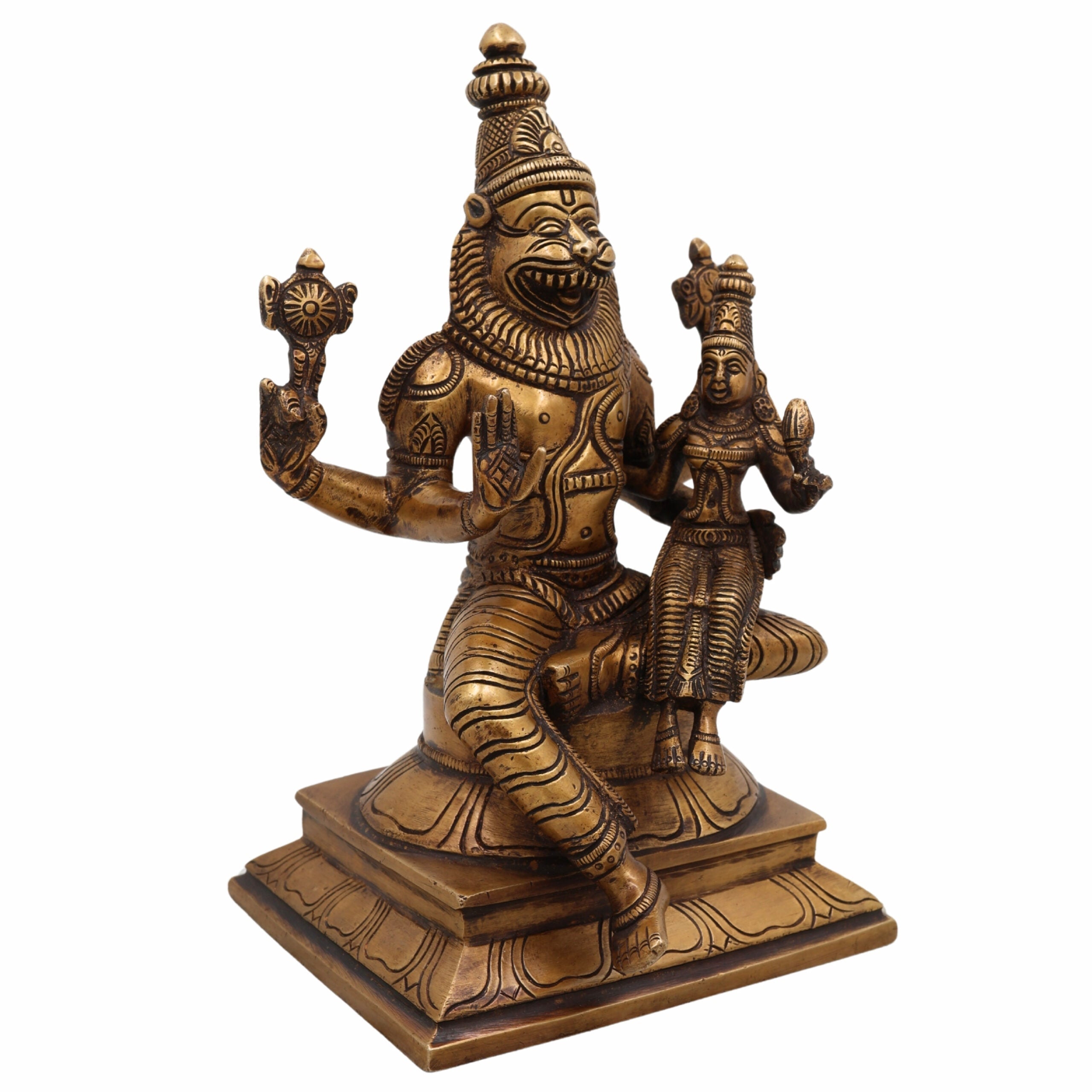 Lakshmi Narasimha Brass Idol – Narasimha Swamy Murti | Lakshmi Narsingh Vigraha | Pital Pratima for Home Temple, Vastu, and Pooja,Gold, 9 Inch, 1 Piece