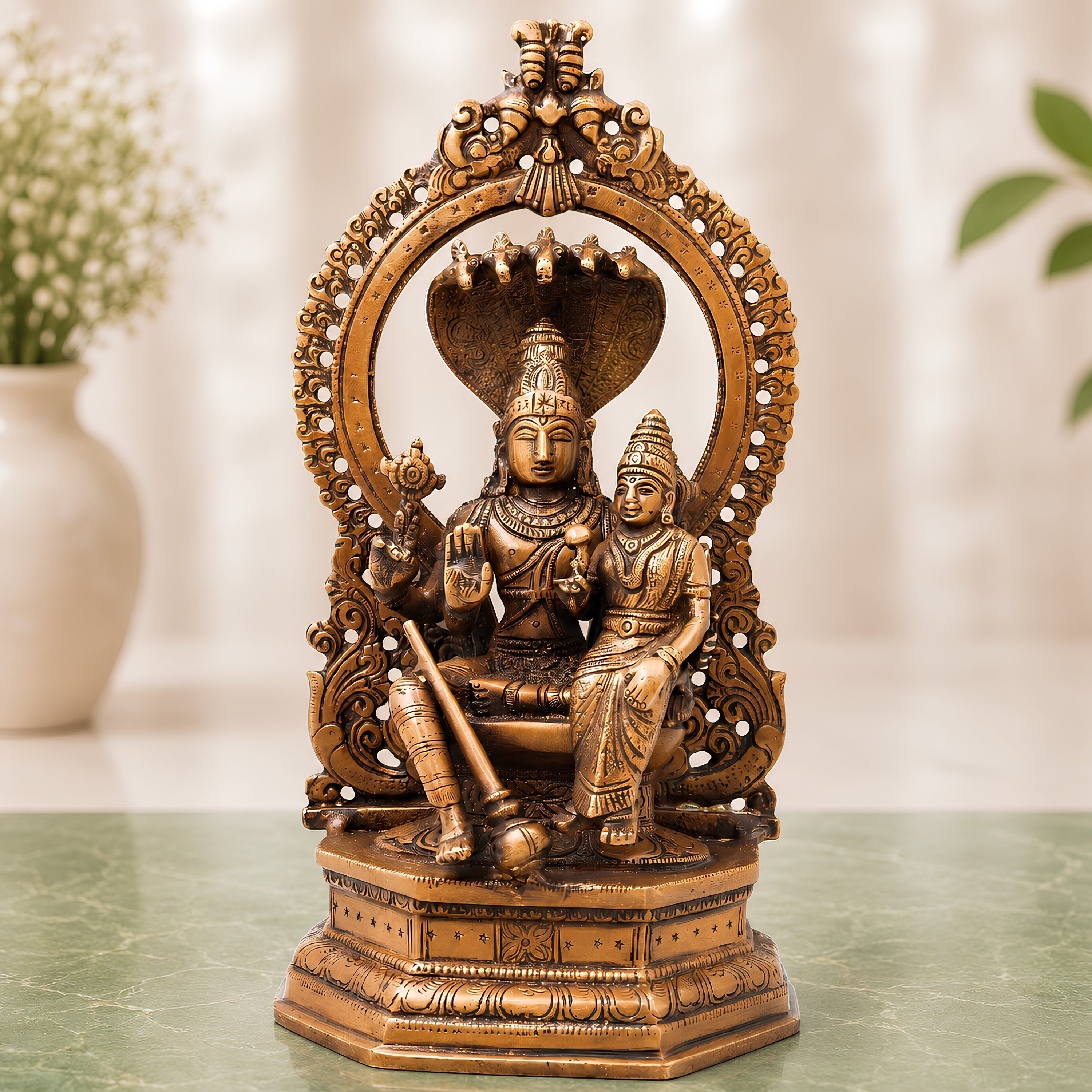 Handcrafted Brass Vishnu Idol, Sriman Narayana, Lakshmi Narayan, Mahavishnu Murti for Pooja Room, Temple & Home Decor, Gold, 10 Inch, 1 Piece