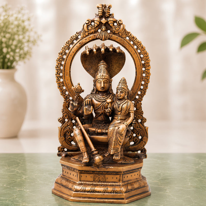 Handcrafted Brass Vishnu Idol, Sriman Narayana, Lakshmi Narayan, Mahavishnu Murti for Pooja Room, Temple & Home Decor, Gold, 10 Inch, 1 Piece