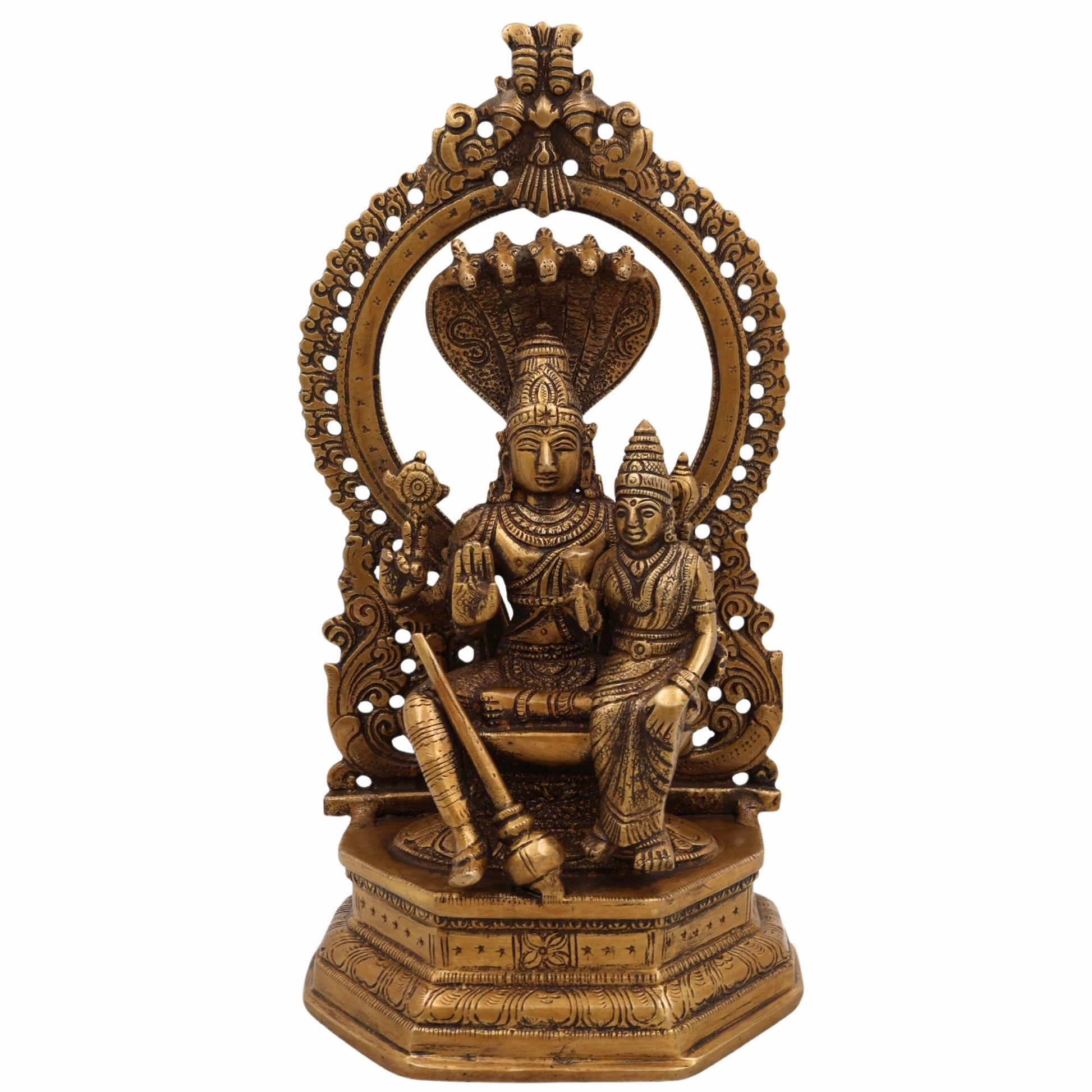 Handcrafted Brass Vishnu Idol, Sriman Narayana, Lakshmi Narayan, Mahavishnu Murti for Pooja Room, Temple & Home Decor, Gold, 10 Inch, 1 Piece