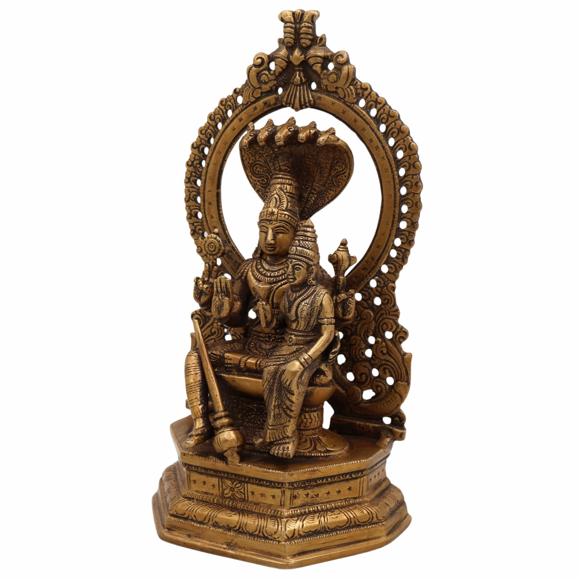 Handcrafted Brass Vishnu Idol, Sriman Narayana, Lakshmi Narayan, Mahavishnu Murti for Pooja Room, Temple & Home Decor, Gold, 10 Inch, 1 Piece