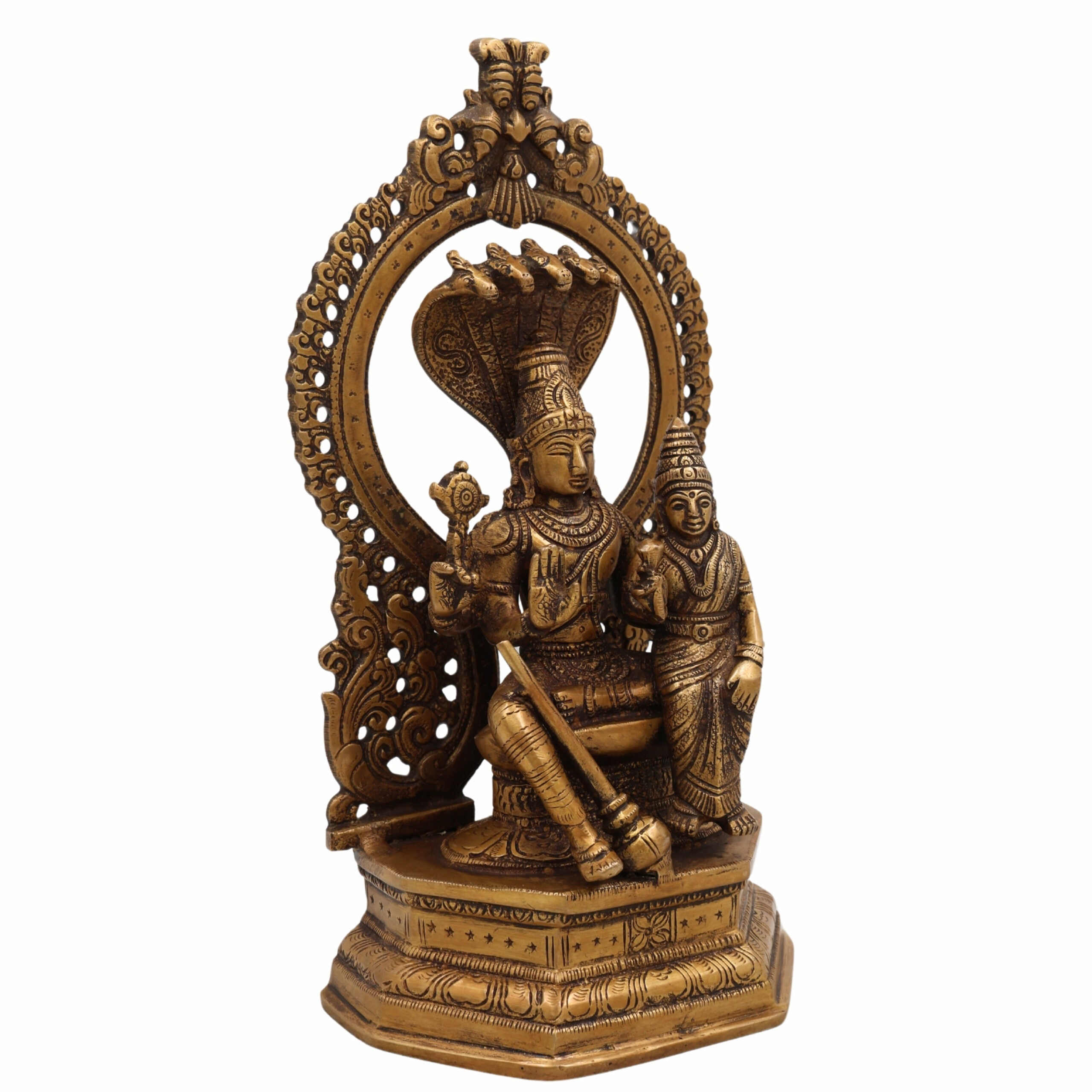 Handcrafted Brass Vishnu Idol, Sriman Narayana, Lakshmi Narayan, Mahavishnu Murti for Pooja Room, Temple & Home Decor, Gold, 10 Inch, 1 Piece